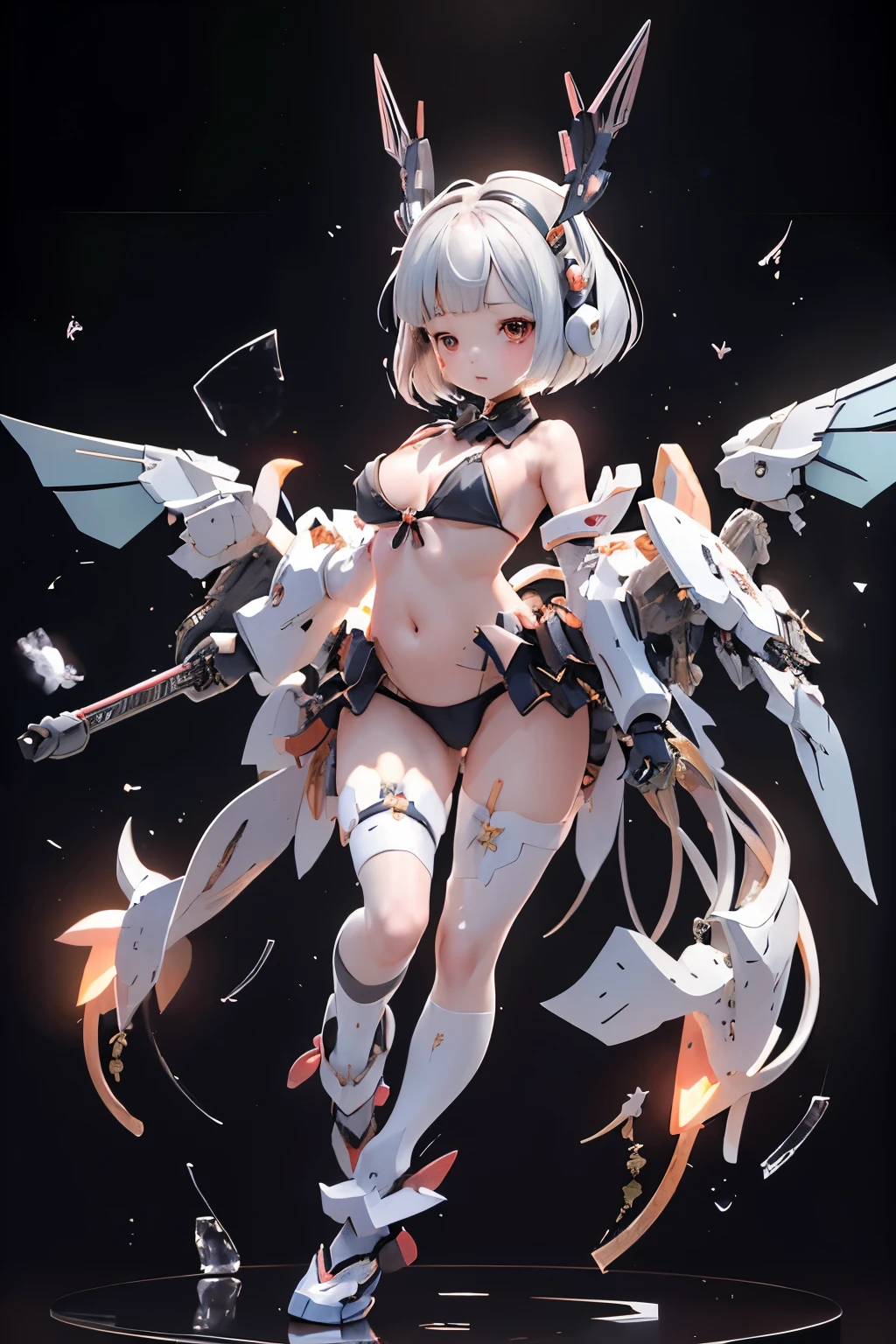 {(japanese young girl)}, (She is fused with futuristic Gundam mecha:1.1), white theme, with headgear, with v-fin , ((unarmored cleavage)), ((unarmored stomach)), ((unarmored upper arms)), ((unarmored face)), (unarmored hands), (unarmored waist), ((unarmored thighs)), (unarmored ankles), japanese girl wear white micro bikini, doggy style:1.2, full body:1.5, ,destroyed city background, multilayer textureperfect proportions, octane rendering, duotone lighting, Low ISO, wide aperture, White balance, Rule of thirds, ultra HD16k, HDR (High Dynamic Range), Ray Tracing, NVIDIA RTX, Super Resolution, Subsurface Scattering, PBR Texturing, Post Processing, Anisotropic Filtering, Depth of Field, Maximum Clarity and Clarity, High efficiency subpixel, subpixel convolution, particles of light, light scattered, Tyndall effect, full body:1.5, doggy style, cute, (cute:1.2), (bob cut:1.3),三つ編み, 黒髪, 太い眉毛, 薄い色の虹彩, 大きくて輝いている黒い瞳, 長いまつげ, 小さく薄い色の自然な唇, (Average face of Japanese idols), (日本人特有の童顔:1.3), (baby face), 広いおでこ:1.2, ふっくらした頬, 小さな顎, visible side boob, (mechanical wings), holding weapon,holding huge weapon, holding Very large shield, , asymmetric body,looking at viewer,Focus on the eyes,with sleek and menacing design, (完璧な4本の指, 親指1本),