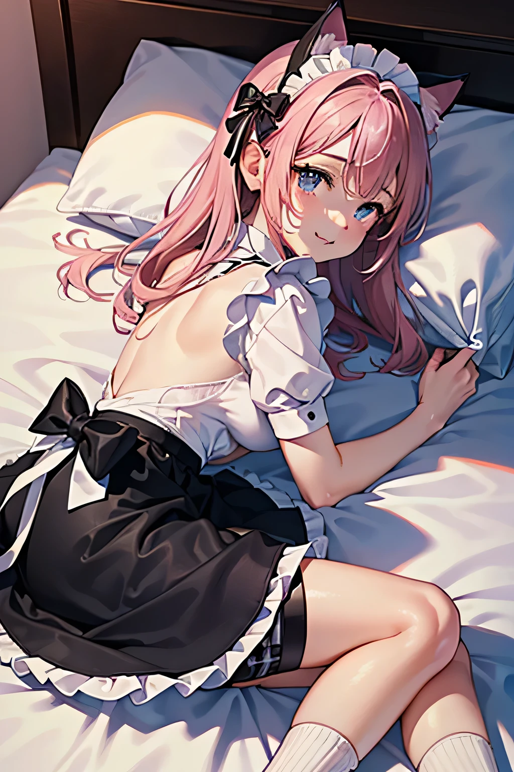 masterpiece, best quality, 1 garl, solo, large breasts, side ponytail, salmon pink hair, light blue eyes, maid, maid headdress, frill apron, in the castle, on bed,(missionary position:1.3), pov hand, 1 boy, penis, (sex:1.3), (lying on the bed:1.2), spread legs, interlocked fingers, (topless:0.7), bare nipples, pussy, pussy juice, saliva trail, trogao, female orgasm, orgasm face, moaning, sweat, breath, steam, (nsfw1.2)
