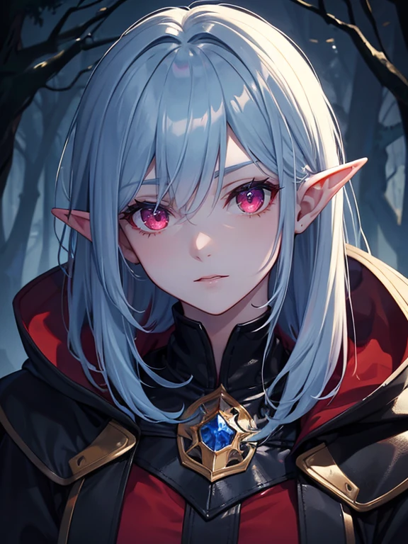 Close up, fantasy world, night, foggy, dark forest, humanoid, elf, her skin is a blue skin color, blue skin colour, red eyes, short messy white hair, emotionless expression, black leather, red leather pieces, leather straps, red cloak, vampire fangs