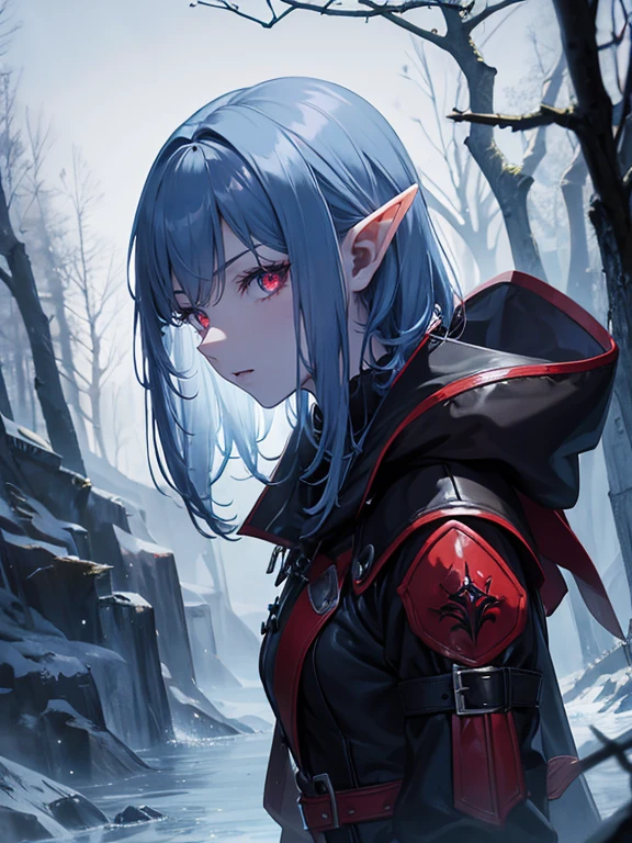 Close up, fantasy world, night, foggy, dark forest, humanoid, elf, her skin is a blue skin color, blue skin colour, red eyes, short messy white hair, emotionless expression, black leather, red leather pieces, leather straps, red cloak, vampire fangs