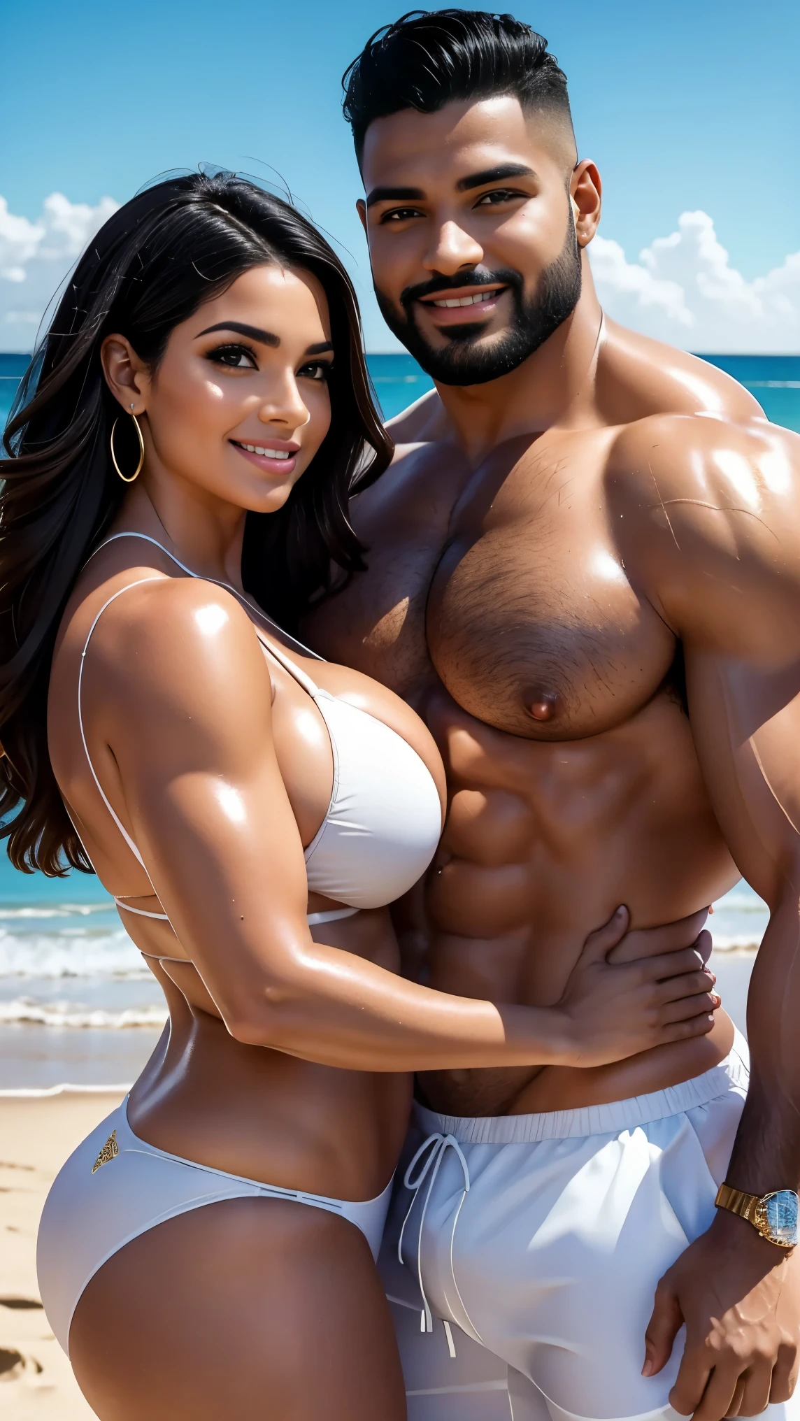 Mulher e homem Latinos, they are both 30 years old, Embraced, romantic pose, Ela tem cabelo preto longo ondulado, Rosto chubby lindo, corpo chubby, corpo perfeito, Curvy Body, seios enormes, skin oiled, Olhos detalhados, detailed hands. Ele tem cabelo preto liso undercut, rosto de modelo perfeito, barba feita, corpo bodybuilder, The couple is on a beach. He wears white swim trunks and she wears a white bikini with gold details. Smiling happy look at the camera.