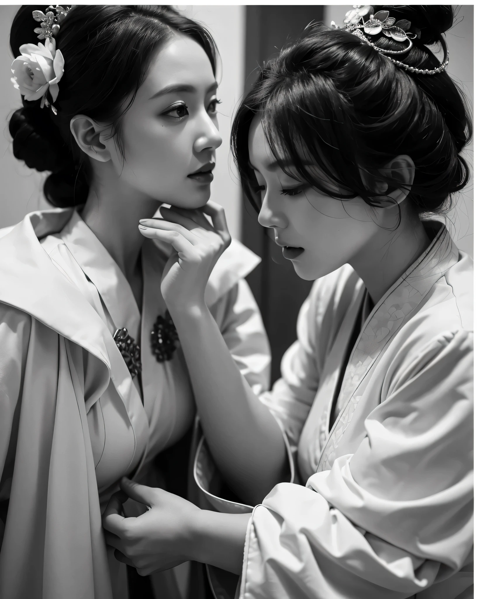 A woman wearing a white robe and another woman wearing a white dress are the main subjects of the artwork. The women are wearing traditional Chinese clothes, Especially Hanfu, Known for its elegance and elegance. The woman in white robe represents the Queen of China, The woman wearing a white skirt represents a noble lady. Both are inspired by the beauty of Empress Dowager Cixi, Powerful figures in Chinese history.
The artwork is deeply influenced by traditional Chinese art and photography. The composition and style are inspired by the works of the famous Chinese painter Qiu Ying. Intricate details and delicate brushwork aim to capture the essence of Chinese tradition and culture.
The color palette is rich and vibrant, Emphasis on traditional Chinese colors,For example, red, Kaneko, and blue. These colors symbolize prosperity, fortune, and the nobility in Chinese culture. Use of soft furnishings, Warm lighting creates a warm and inviting atmosphere, Highlight women's beauty and elegance.
Ensure the highest quality and authenticity of the artwork, it should be described as "(best quality, 4K, 8k, high resolution, masterpiece:1.2), Super detailed, (actual, photoactual, photo-actual:1.37)". Details and authenticity should be emphasized, Demonstrate artist's skill and professionalism.
comprehensive, Prompts should be concise and descriptive, Capture the essence of a scene,while incorporating the required details.