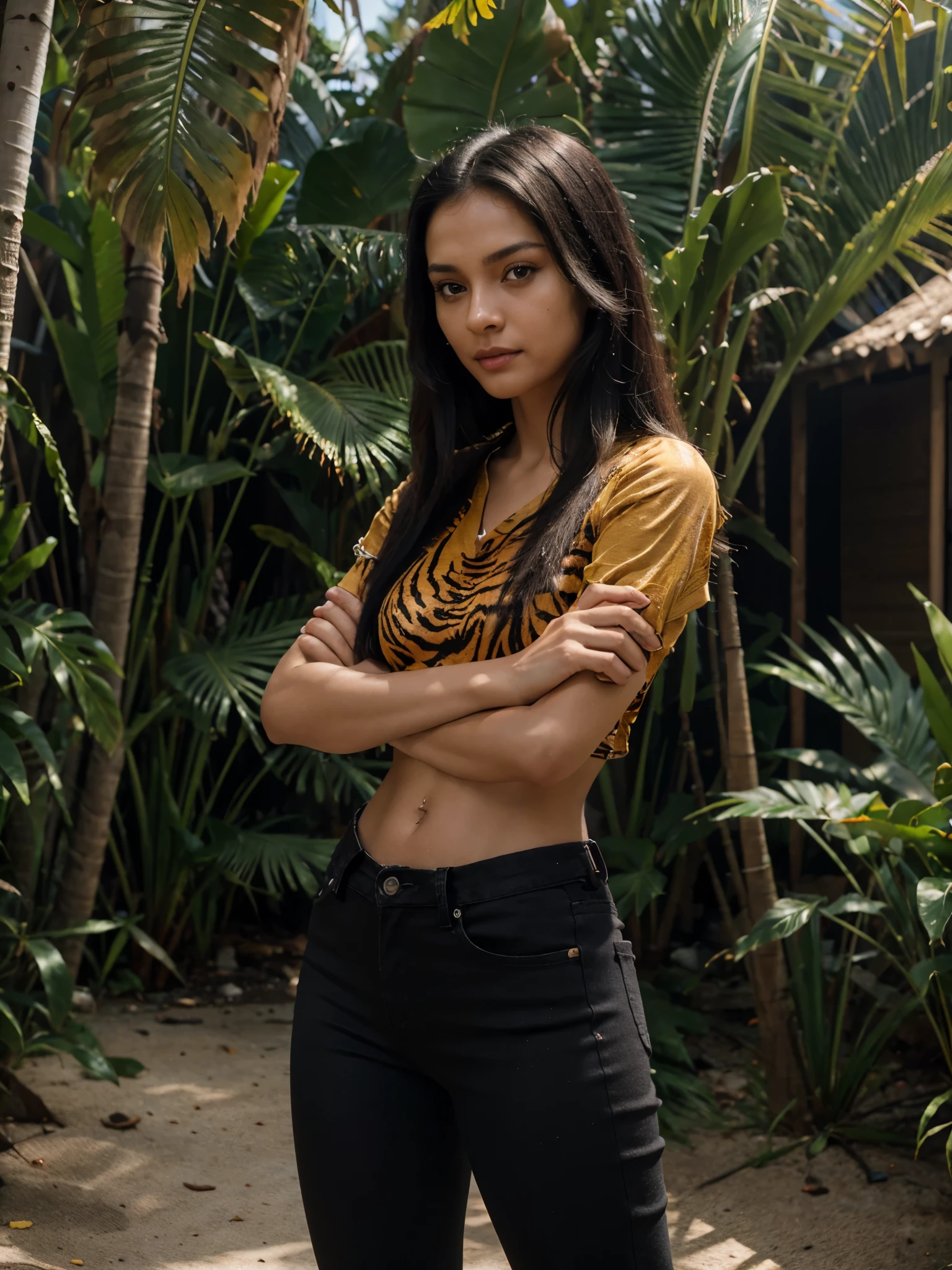 8k, RAW photo, best quality, ultra high resolution, photorealistic, realistic photo of skinny girl in tropical village, (skinny girl, slim face, straight hair, black hair, tanned skin) in the tropical village, full body portrait, photo from the side, wearing tight black jeans, (tight black jeans), wearing tiger print blouse, (tiger print blouse), looking at viewer, smirking, (extremely detailed CG unity 8k wallpaper), Sharp focus, dramatic, (bright light)