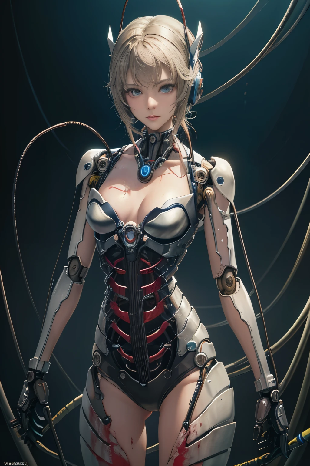 (((masterpiece))), (((best quality))), ((ultra-detailed)), (highly detailed CG illustration), ((an extremely delicate and beautiful)),cinematic light,((front view)),((1mechanical girl)),solo,(cowboy shot:1.2),(machine made joints:1.2),((machanical limbs)),(blood vessels connected to tubes),(mechanical vertebra attaching to back),((mechanical cervial attaching to neck)),expressionless,(wires and cables attaching to neck:1.2),(wires and cables on head:1.2),(character focus),science fiction,extreme detailed,colorful,highest detailed, loongs,fengs,background,