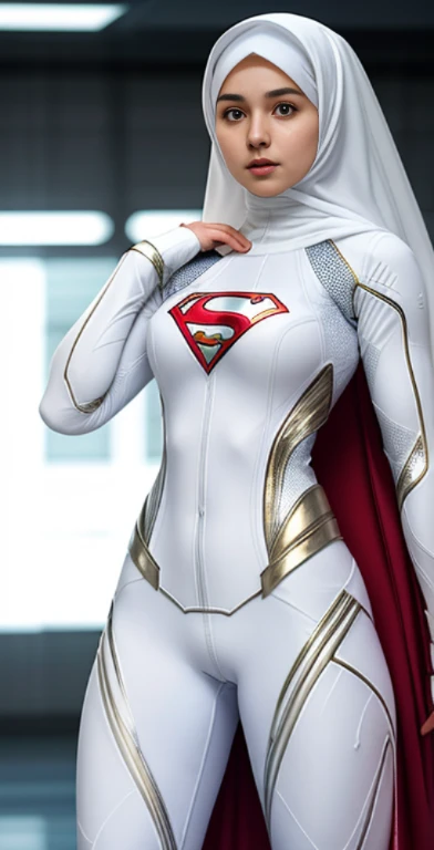 a muslimah woman in hijab wearing all-white modern Hi-Tech supergirl suit, skin tight spandex, superhero pose, white supergirl nanosuit, armor