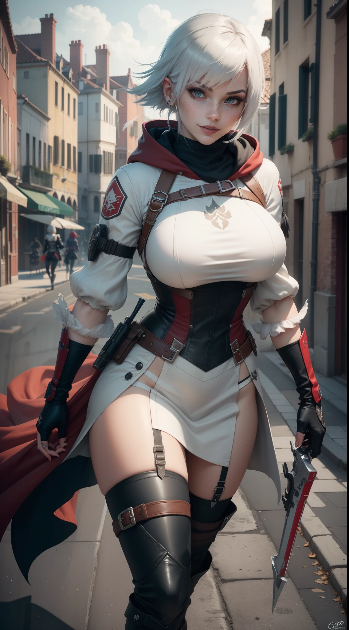 gwen tennyson,yorha 2b,tracer,y'shtola rhul,overwatch,assassin's creed,close up,Venice,rooftop,tattoos,white and red plugsuit,white short sleeve victorian top,white and red long assassin hoodie,lycra leggings,harness corset,long dress train,short hair,punk makeup,green eyes,multicolored silver hair, military gloves,sexy smile,freckles,beautiful girl,knee high boots,large breasts,8k,ultra detailed,realistic,fantasy art,assassin uniform, hair pin,ear piercings,(weather:windy),1girl, assassin daggers,running on the roof,