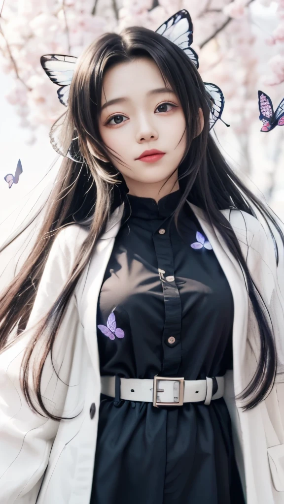 anime girl with long hair and butterfly wings in a purple dress, hanayamata, hinata hyuga, anime moe artstyle, iwakura lain, [[[[grinning evily]]]], kotegawa yui, anime visual of a cute girl, close up iwakura lain, maya fey from ace attorney，black long straight hair，butterfly hair section，long black hair，butterfly hair ornaments，long black hair，long black hair，butterfly hair ornaments，black long straight hair，black long straight hair，Butterfly bow hair decoration