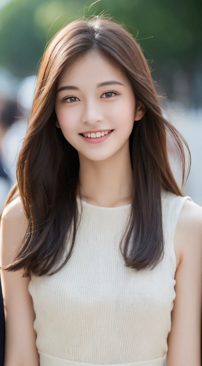 ((top quality, 8k, masterpiece: 1.3)), 1 girl, smile, full body, slim face, pretty woman, (dark brown hair), full-length dress: 1.1, ultra detailed face, detailed eyes, double eyelids, blurred background, slim face, city, outside, street, swimsuit