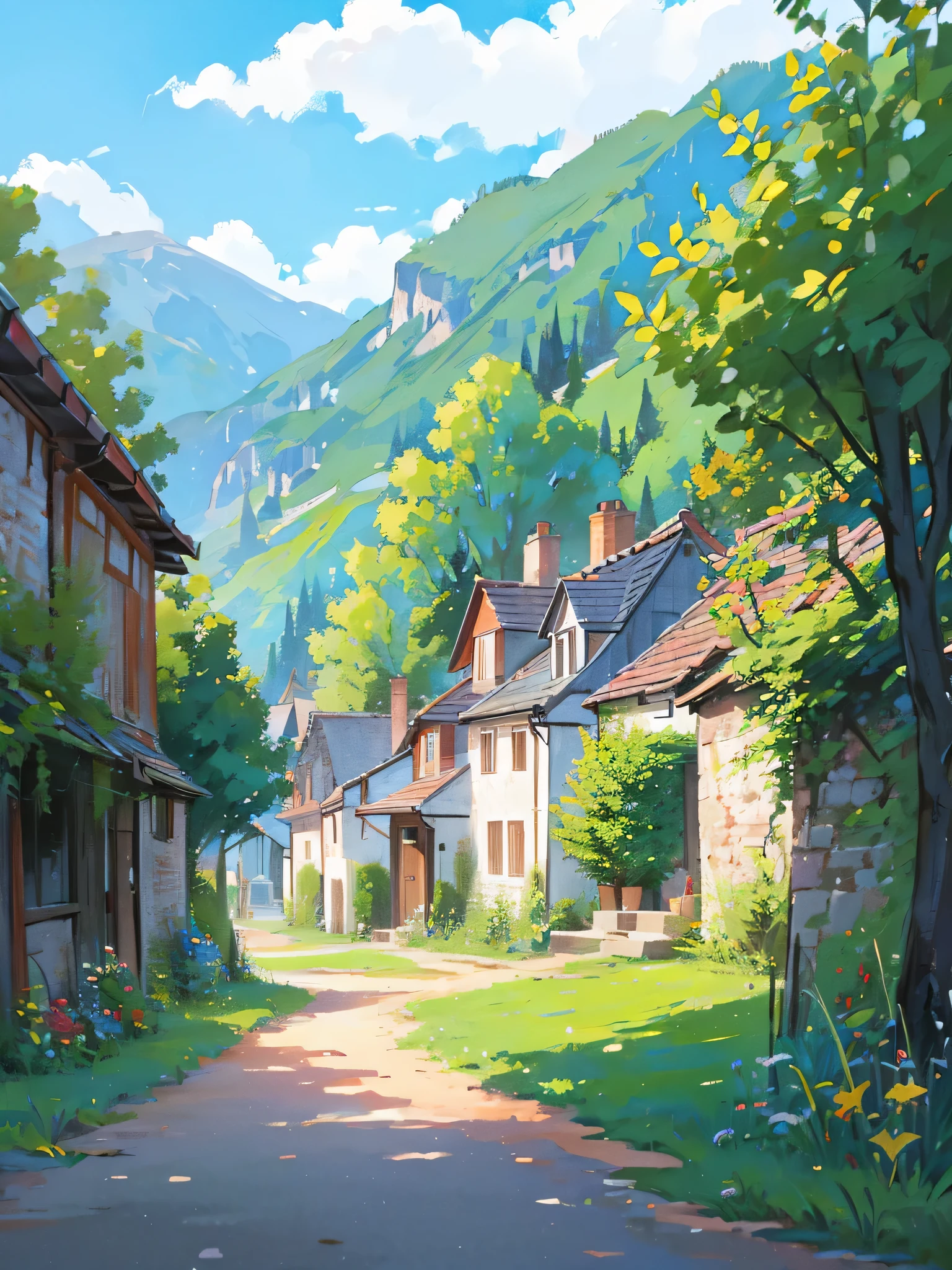 An idyllic European countryside village where beastmen live.。A landscape that looks like something out of a reincarnation novel in another world