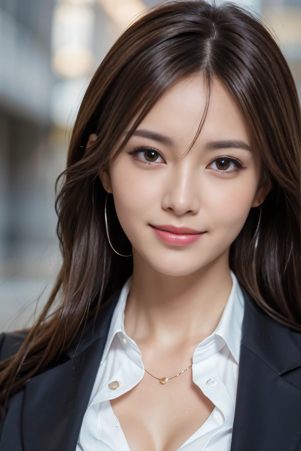 masutepiece, Best Quality, Photorealistic, Ultra-detailed, finely detail, High resolution, 8K Wallpaper, 1 beautiful woman,, light brown messy hair, in a business suit, foco nítido, Perfect dynamic composition, Beautiful detailed eyes, detailed hairs, Detailed realistic skin texture, Smiling, Close-up portrait, Model body type