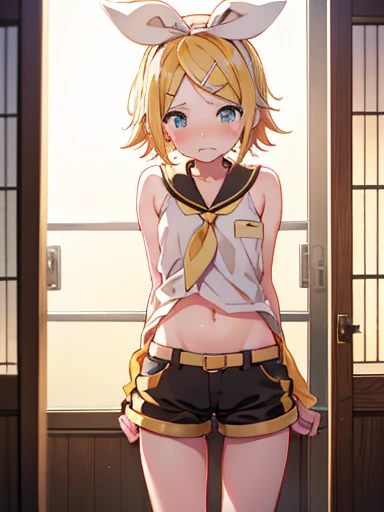 nsfw,Kagamine Rin、standing position、crying face、vaginal 、hot pants、Undressing、male、Holding down