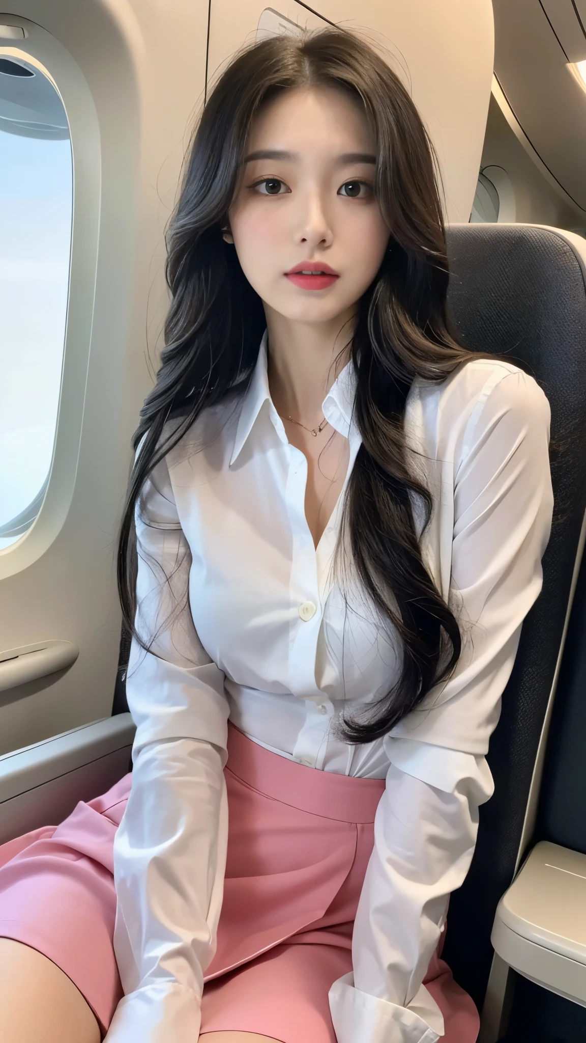 (ultra high definition:1.3), (best quality, 8K), A beautiful and cute girl, full body photo, extremely beautiful and delicate, black hair, sweet, delicate beautiful fair skin, reallyistic and reallyistic, Exquisite and perfect facial features, detailed facial portrayal, High bridge of the nose, flowing silky hair, extremely delicate hair, feminine temperament, face light, tall, thin, really, hyper-really, full body lens, dynamic angle, ultimate picture quality, highest precision, accurate and perfect human body structure, (sitting next to the airplane window:1.3), (Ultra-mini pink clingy skirt :1.3), (White open collar shirt that shows half of the chest:1.3), (Beautiful angular sternness:1.3), (slim legs:1.3), Slightly visible upper chest area, cute expression, black wavy hair,