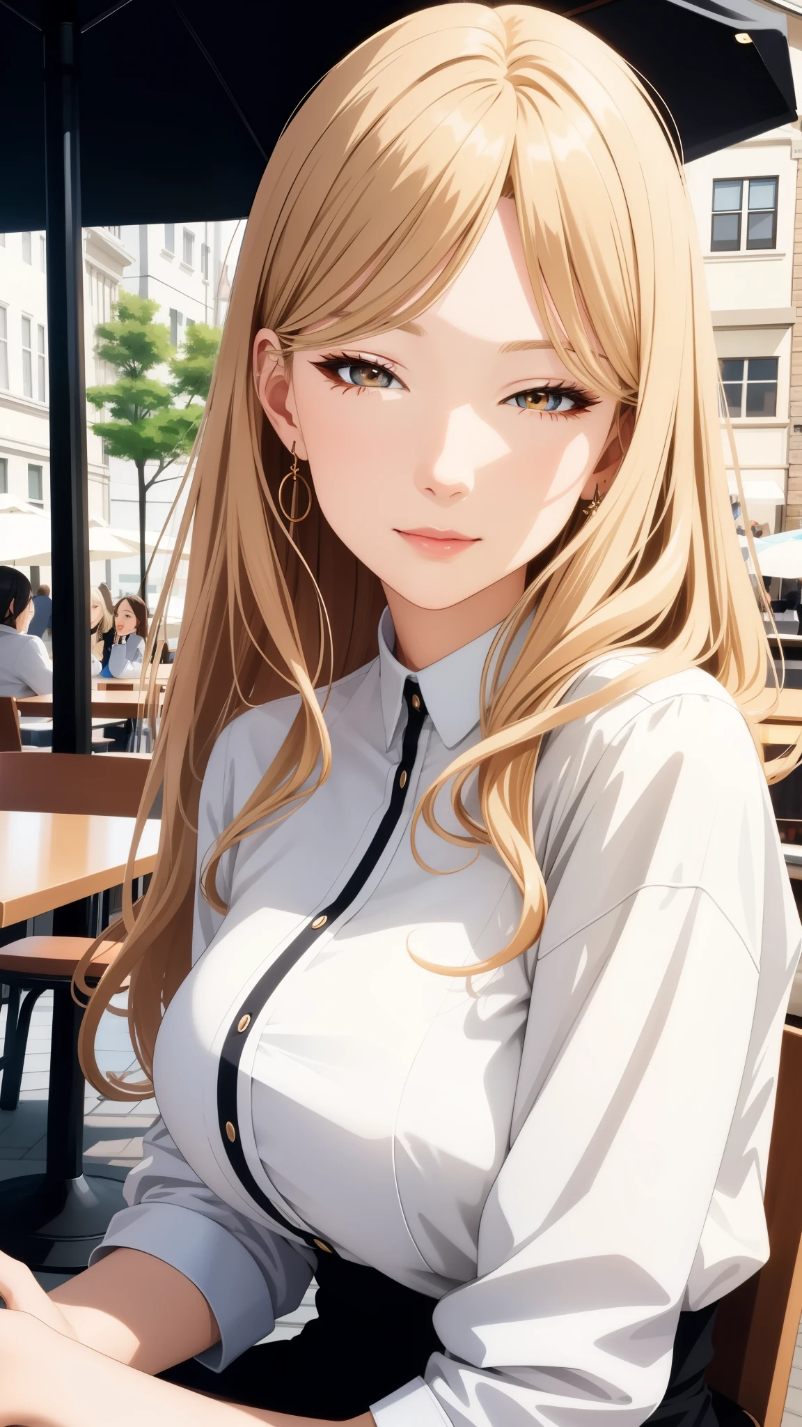 (best quality, highres, ultra-detailed eyes, solo), cool adult woman, onee-san type, elegant, confident, long hair, swept-side bang, [[[brown hair]]], blonde hair, brown eyes, street scene, walking, holding hand, stylish clothes, cleavage, ultra-detailed, deep focus, side view, upper body, vibrant colors