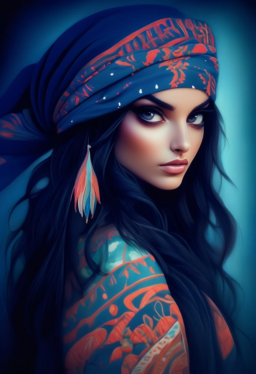 A portrait of a beautiful woman with long straight black hair and an embroidered navy bandana wrapped around her head., beautiful digital illustrations, Beautiful artwork illustration, amazing digital illustrations, beautiful digital artwork, Inspired by Anna Dittman, amazing digital art, exquisite digital illustration, In the style of Anna Dittmann, beautiful digital art, beautiful amazing digital art, very beautiful digital art, beautiful portrait