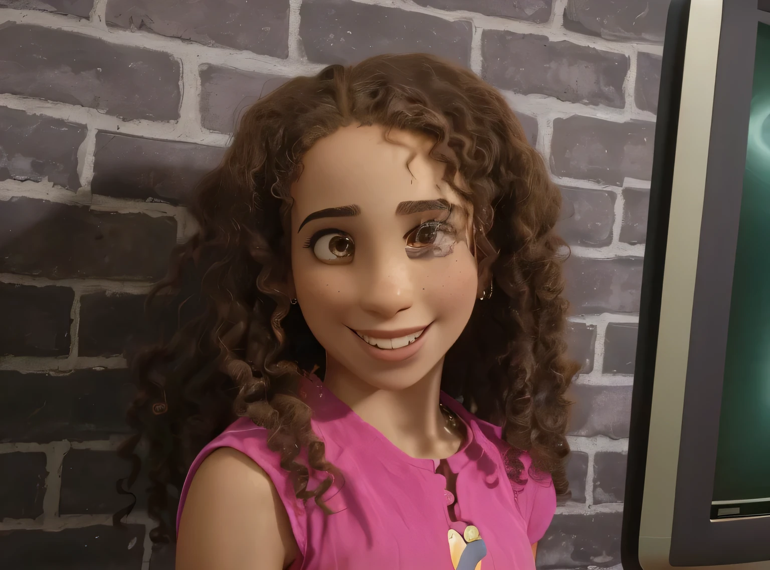 there is a young woman with curly hair smiling in front of a television, jovem africana de pele clara, Violeta Myers, cabelo castanho cacheado, with cabelos ruivos encaracolados, cabelos cacheados castanhos compridos e inchados, cabelo ruivo cacheado, cabelo rosa cacheado, taken at the beginning of 2020, cabelos ruivos encaracolados, seu rosto emoldurado por cachos, retrato frontal de uma , cabelos cacheados