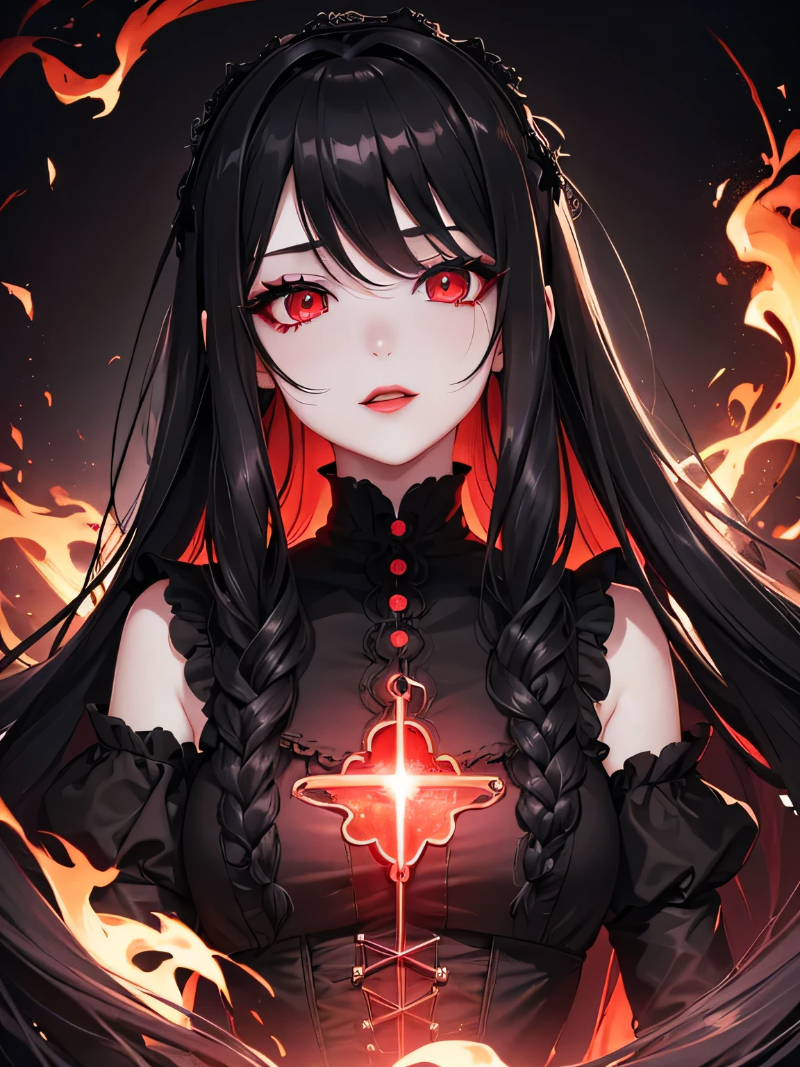 1 girl,Depp's Sense,confused,catch light,Super beautiful illustration,(black color,long hairstyles:1.3),dark dark eyeshadow,bright red lipstick,Gothic Lolita,;d,beautiful and delicate hair,delicate and detailed red eyes,red light effect,Burning flame