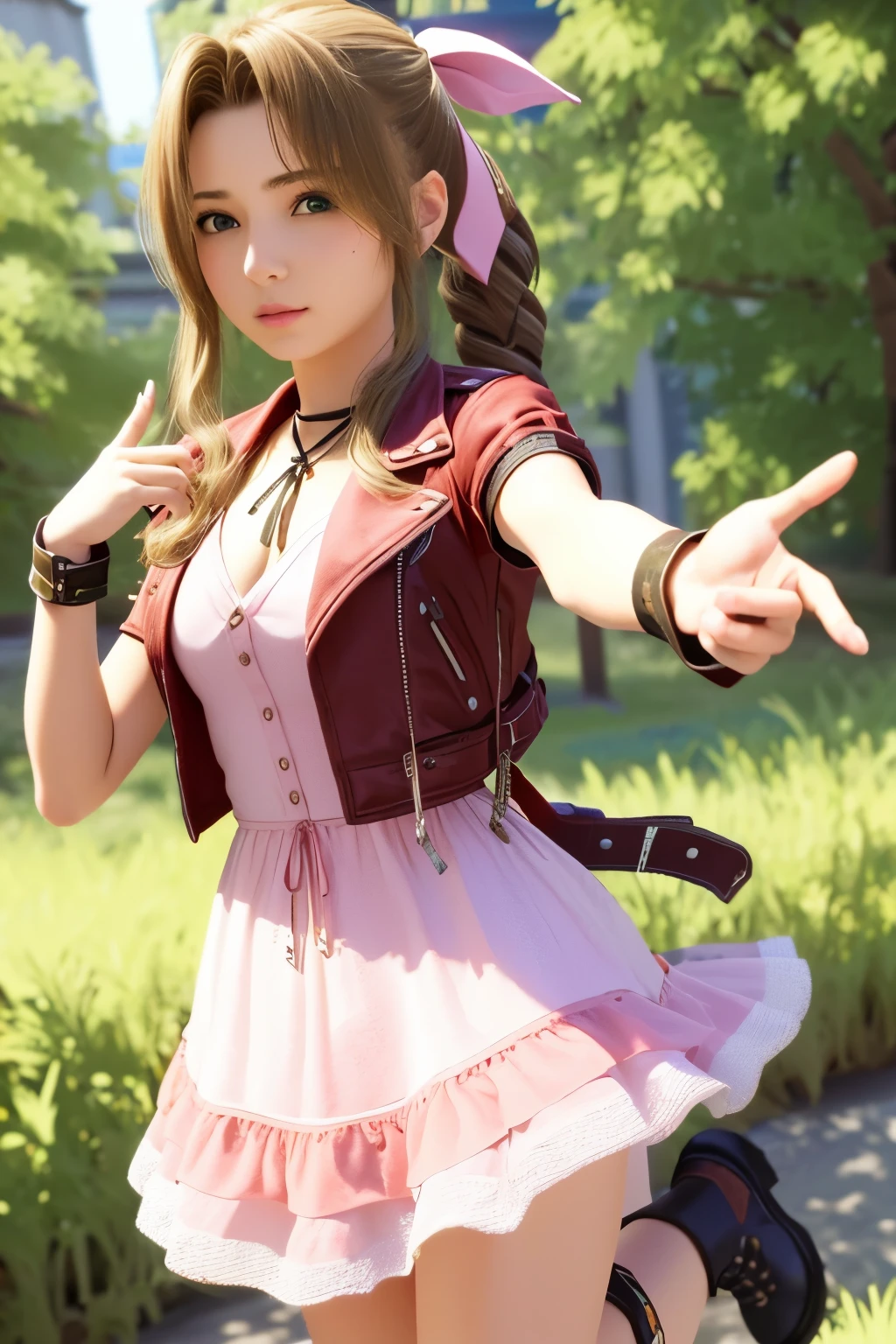 1 girl, solo,dynamic pose, cowboy shot,, (((3d, video game))),masterpiece, best quality, intricate details, 8k uhd, perfect face, perfect eyes, aerith gainsborough,choker, cropped jacket, hair bow, bracelet, pink dress, brown boots 