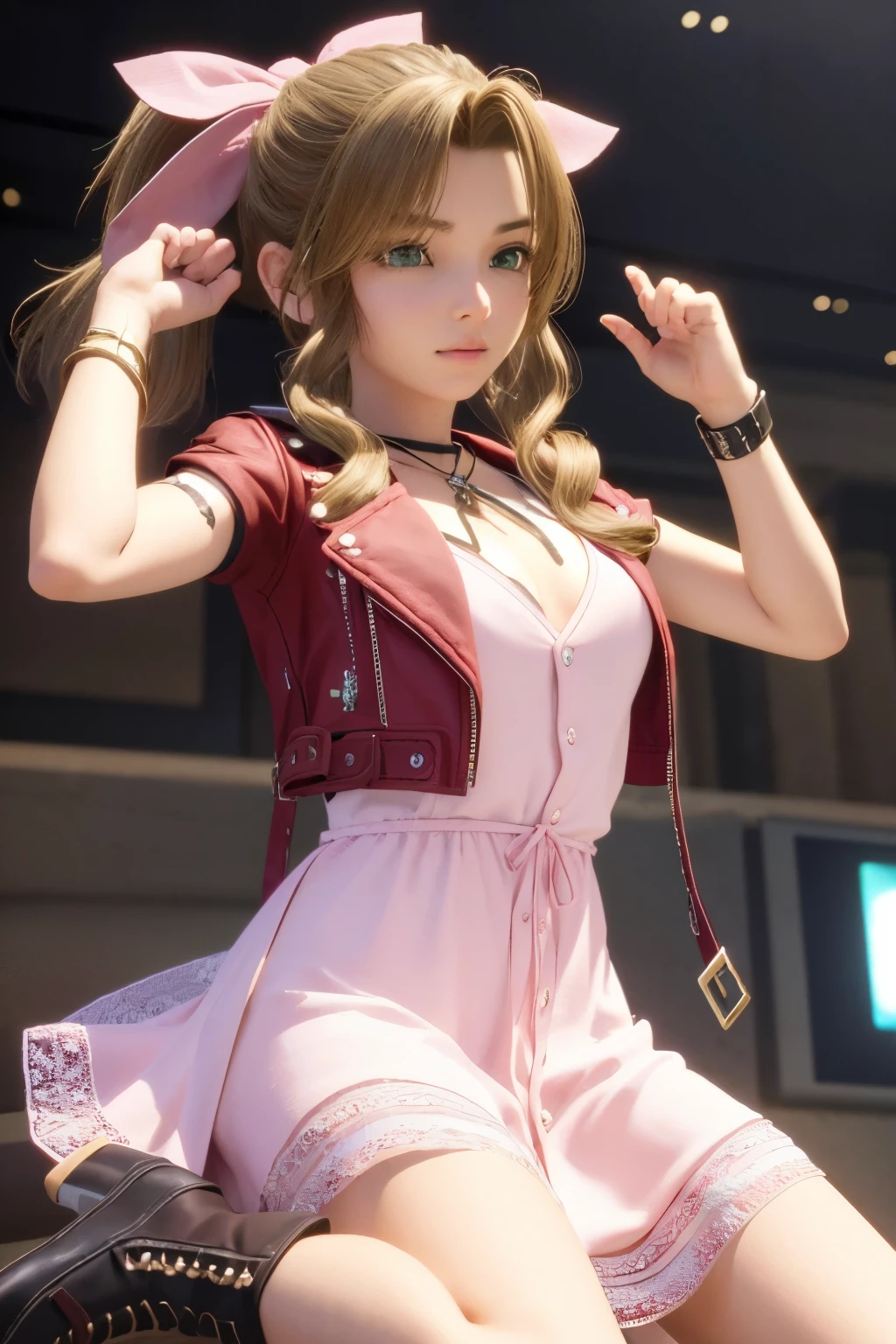 1 girl, solo,dynamic pose, cowboy shot,, (((3d, video game))),masterpiece, best quality, intricate details, 8k uhd, perfect face, perfect eyes, aerith gainsborough,choker, cropped jacket, hair bow, bracelet, pink dress, brown boots 