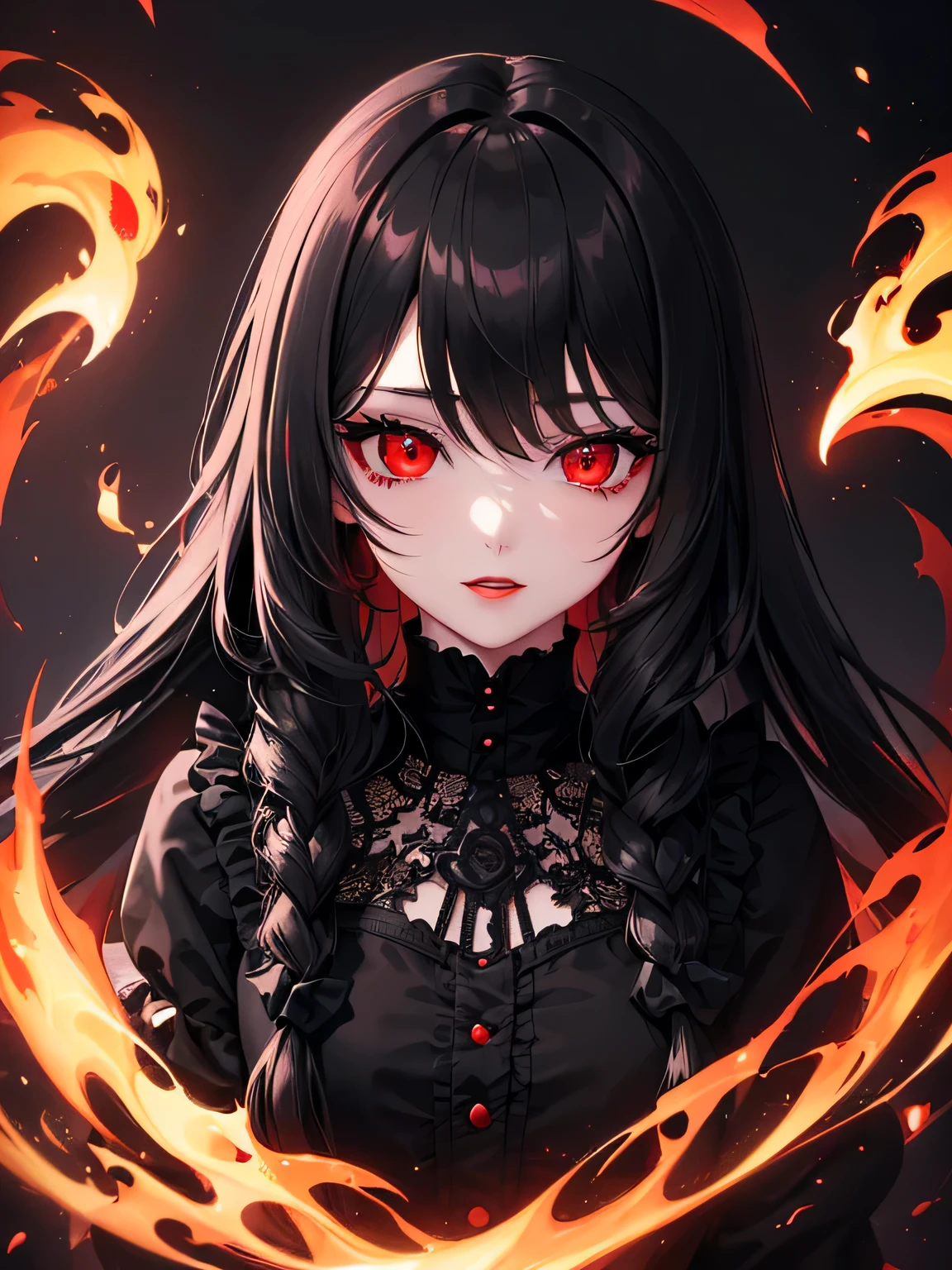 1 girl,Depp's Sense,confused,catch light,Super beautiful illustration,(black color,long hairstyles:1.3),dark dark eyeshadow,bright red lipstick,Gothic Lolita,;d,beautiful and delicate hair,delicate and detailed red eyes,red light effect,Burning flame