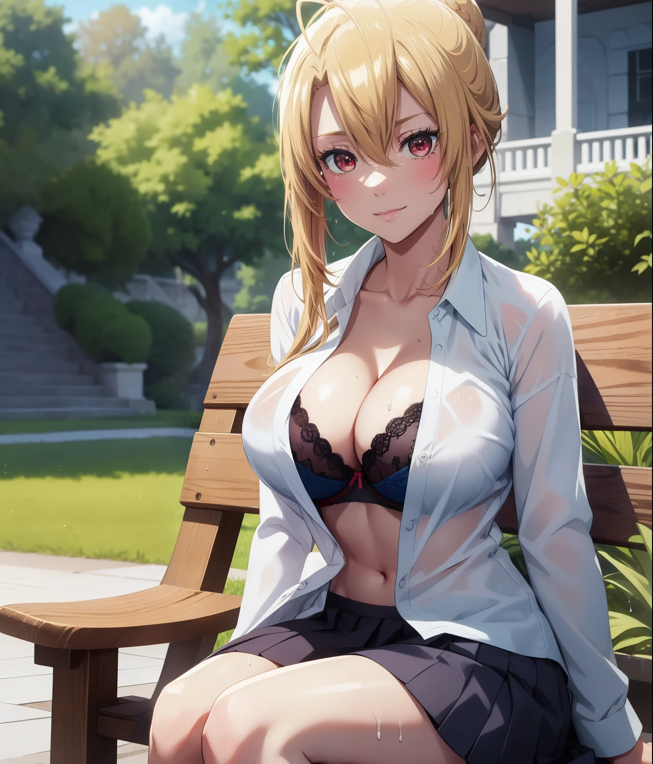 Masterpiece, best quality, highres, highly detailed, Illustration、 ultra-detailliert、hight resolution、8K Wallpapers、Perfect dynamic composition,、Beautiful detailed eyes, 1 girl, blonde hair, red eyes, large breast, white shirt, black bra, dark blue skirt, she wet, drenched, The bra peeks out from outside the shirt, outdoor, city park, bold sexy pose, sitting on public bench, looking at viewers, gentle smile,