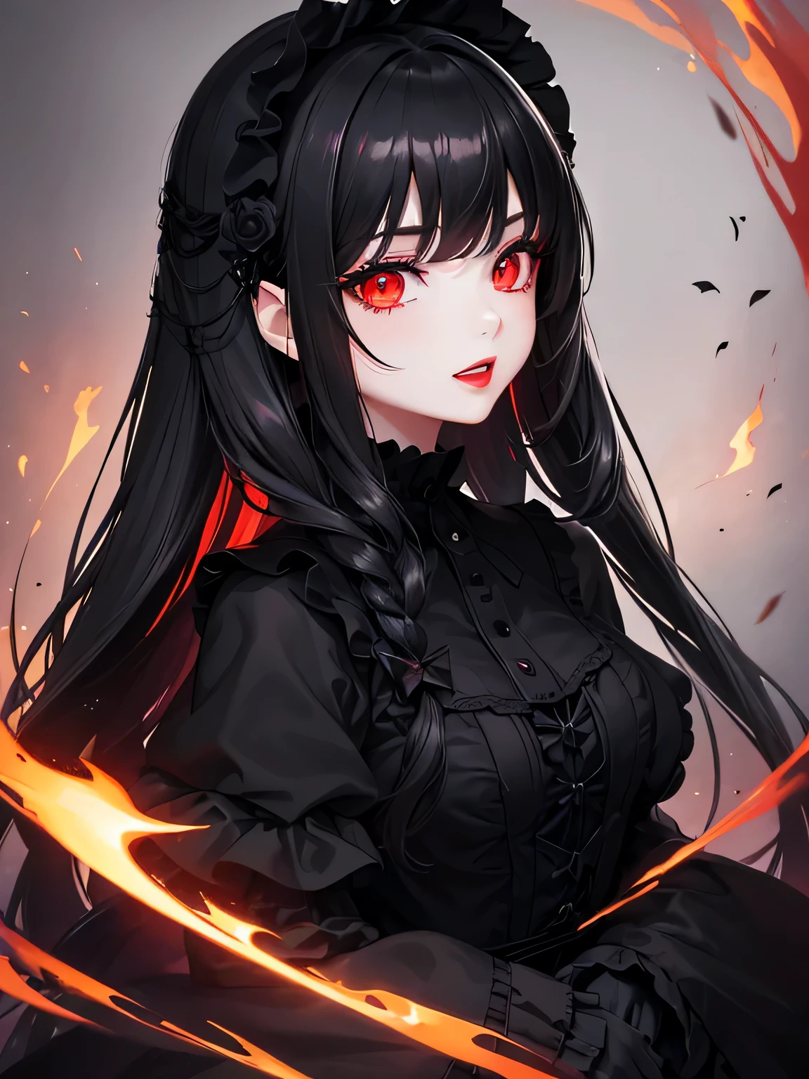 1 girl,Depp's Sense,confused,catch light,Super beautiful illustration,(black color,long hairstyles:1.3),dark dark eyeshadow,bright red lipstick,Gothic Lolita,;d,beautiful and delicate hair,delicate and detailed red eyes,red light effect,Burning flame