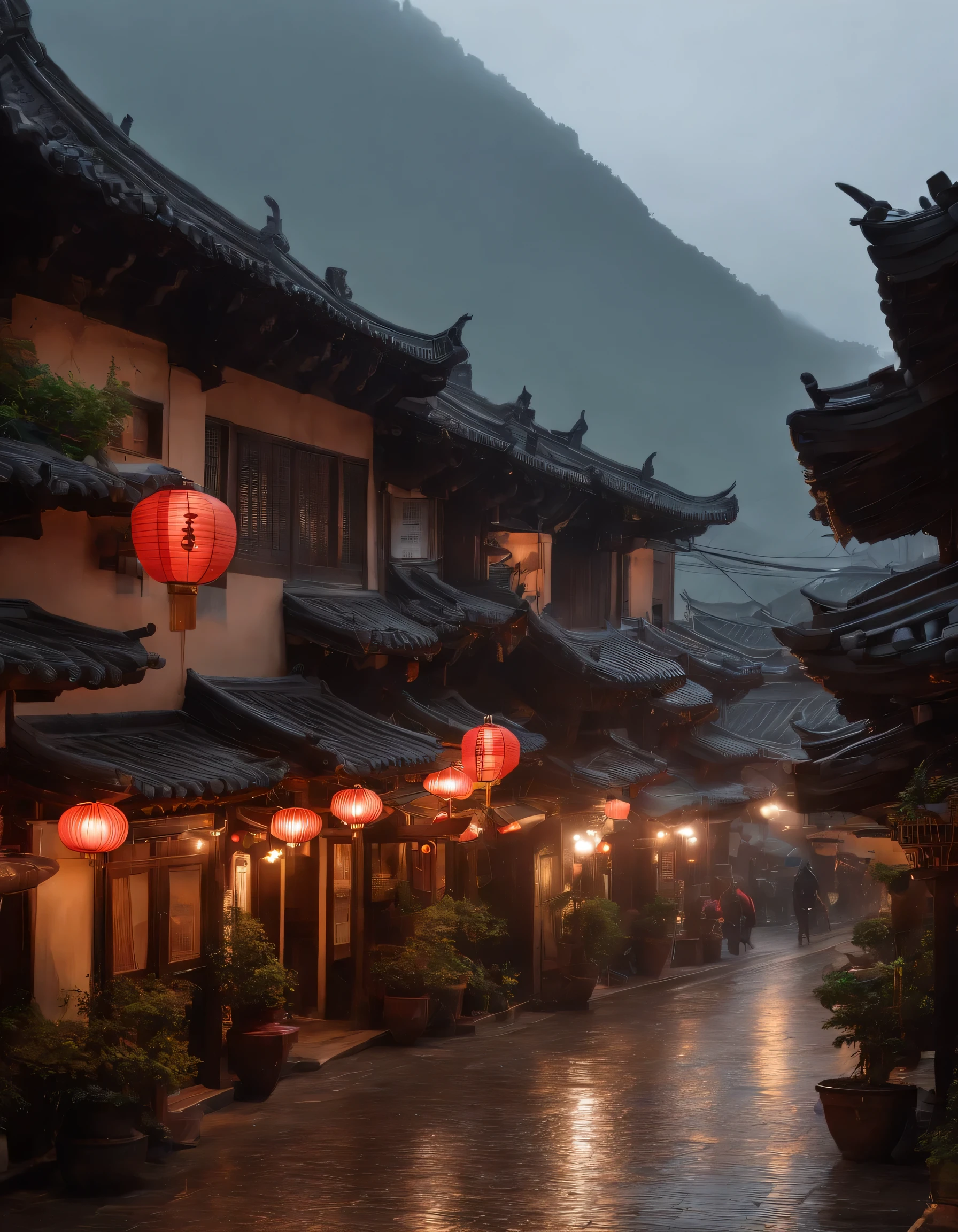Village view,There are many lights on the building, Dream Chinatown, china village, amazing wallpapers, Japantown, japanese village, surreal photo of a small town, old asian village, Japantown市, author:Raymond Han, rainy night, Cyberpunk Chinese Ancient Castle, Beautifully lit buildings, when it rains at night, Beautiful and beautiful, photography, normal, 8k, high detail ((downpour)))