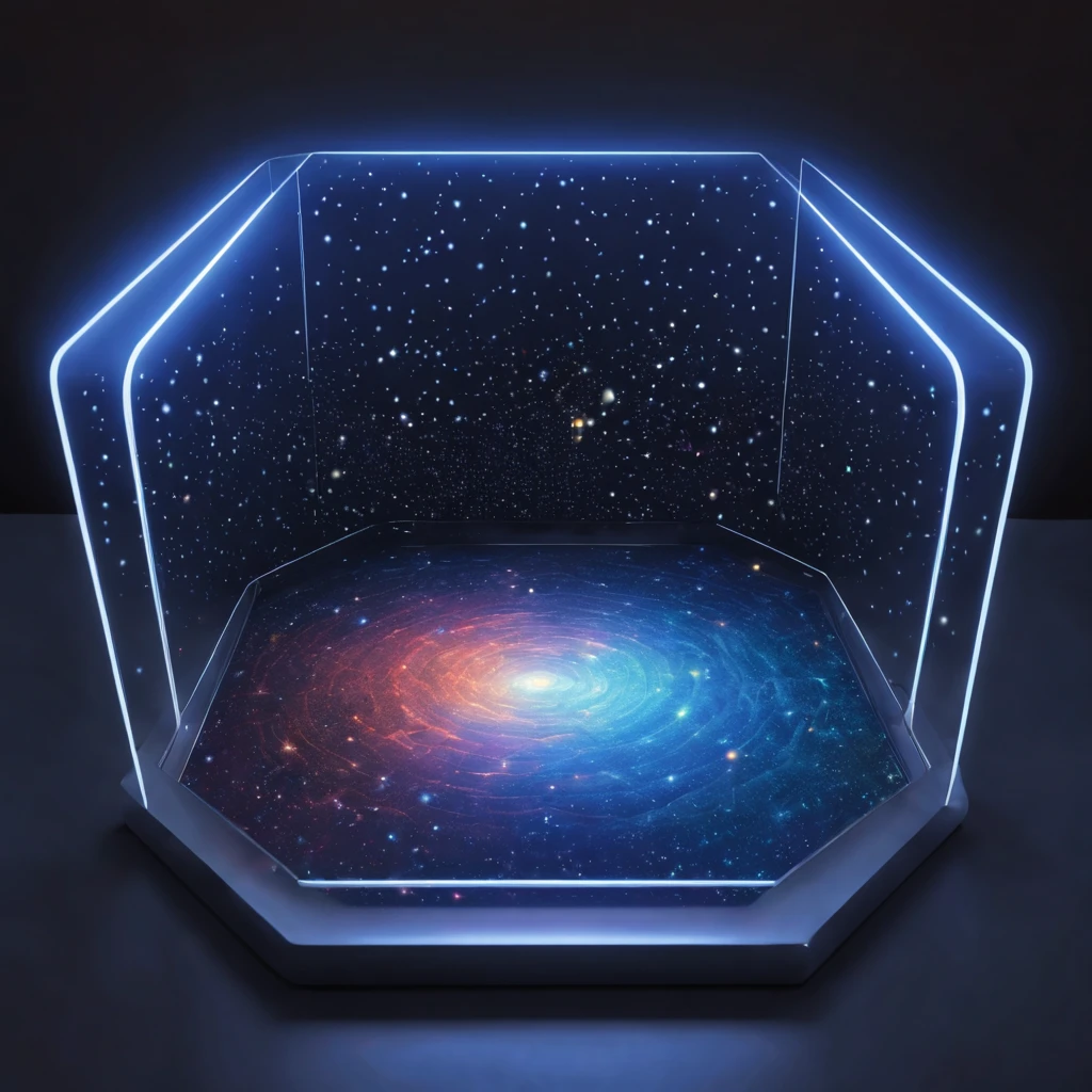 Realistic 3D image with the following plot - a high-tech holographic table broadcasts a holographic 3D map of the star system, a holographic 3D map is distributed in the compartment in the form of a hazy holographic cloud with a three-dimensional image of stars and galaxies from luminous dots, high detail, high accuracy, highest resolution, photorealistic