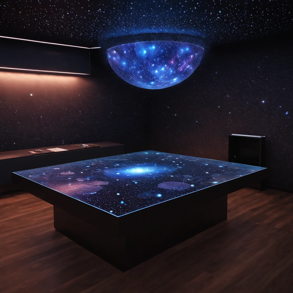 Realistic 3D image with the following plot - a high-tech holographic table broadcasts a holographic 3D map of the star system, a holographic 3D map is distributed in the compartment in the form of a hazy holographic cloud with a three-dimensional image of stars and galaxies from luminous dots, high detail, high accuracy, highest resolution, photorealistic
