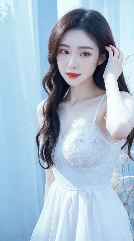 Flowers all over the wall, (best light: 1.2, cute Chinese girl: 1.2, [white dress: 1.3], full body, beautiful dance moves, wearing pink long-haired mink bandeau dress, multicolored flower wall, poster level, flowers on the wall are not crowded, elegant and colorful: 1.1, bright and moving: 1.1, [ultra-detailed: 1.2 + dynamic pose + delicate: 1.2],), big breasts, pursed lips, The sides are five-colored flowers, the wall is pink hydrangeas, roses, colorful chrysanthemums, and the background wall is a wall of flowers dominated by pink