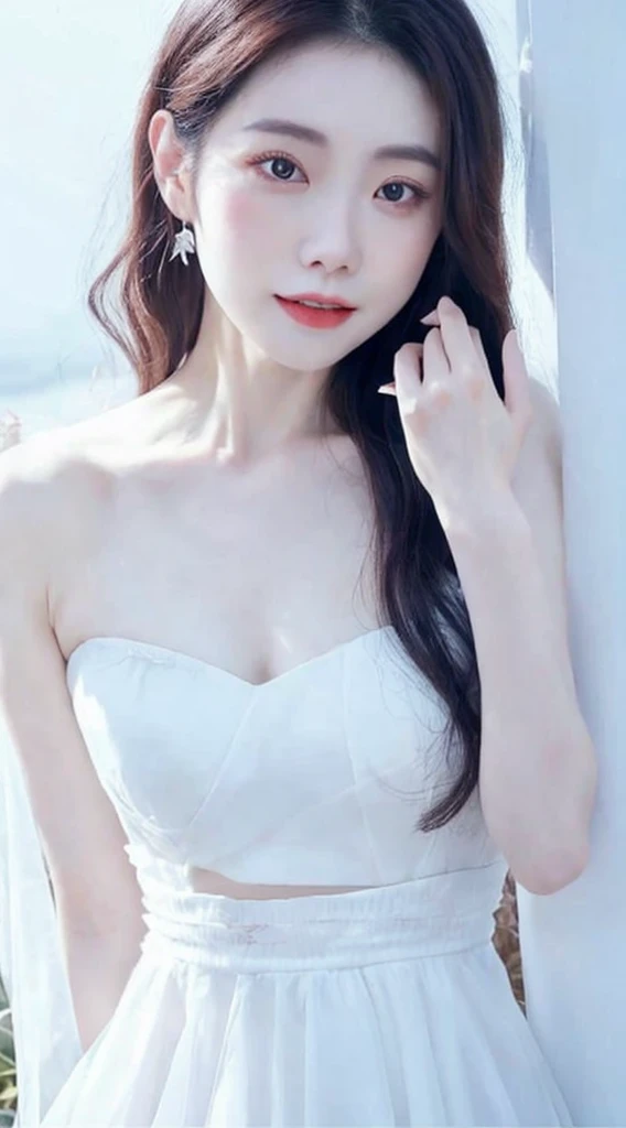 a close up of a woman in a white dress posing for a picture, lovely woman, gorgeous chinese model, beautiful girl model, very beautiful girl, wearing white camisole, beautiful south korean woman, beautiful asian girl, milky white skin, gorgeous young korean woman, beautiful young korean woman, cute elegant pose, pale milky white porcelain skin, thin waist, ethereal beauty
