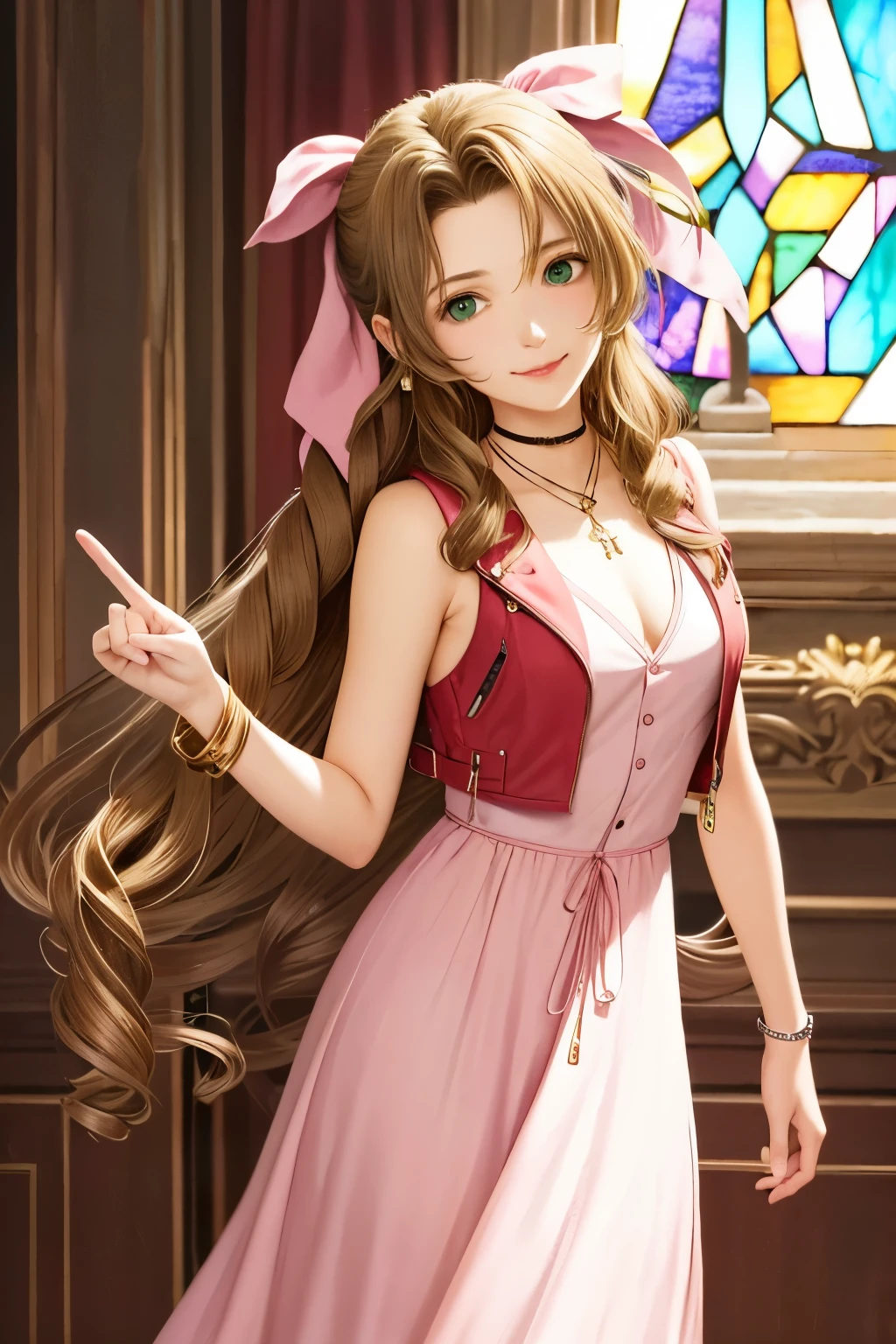 masterpiece, best quality, aerith gainsborough, choker, cropped jacket, hair bow, bracelet, pink dress, looking at viewer, leaning forward, smile, closed mouth, indoors, stained glass window