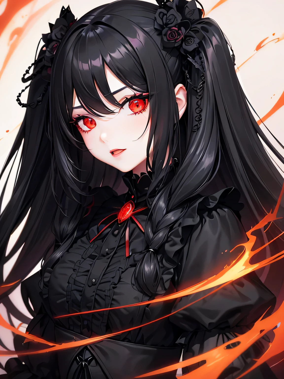 1 girl,Depp's Sense,confused,catch light,Super beautiful illustration,(black color,long hairstyles:1.3),dark dark eyeshadow,bright red lipstick,Gothic Lolita,;d,beautiful and delicate hair,delicate and detailed red eyes,red light effect,Burning flame
