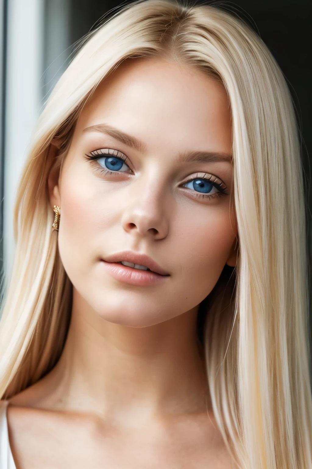 A young, pretty blonde woman gazes intently into the camera with her captivating blue eyes. Her radiant, smooth complexion is illuminated by the soft, natural light that subtly highlights her delicate cheekbones. The intricately detailed texture of her long, silky blonde hair cascades down her shoulders, catching the light and shimmering like gold. The flawless, highly defined features of her face are accentuated by her rosy blush and subtle makeup, which enhances her natural beauty. Her attire, a crisp, white blouse and jeans, complements her radiant appearance, and her expression exudes a confident, alluring charm that leaves a lasting impression.