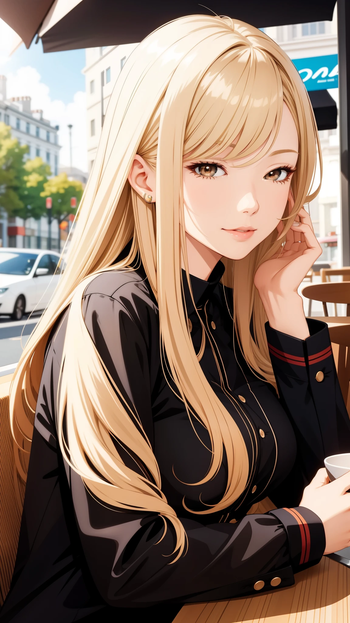 cool adult woman, nee-san type, long hair, swept-side bang, [[[brown hair]]], blonde hair, brown eyes, elegant posture, confident, sitting in cafe, fashionable clothes, illustration, ultra-detailed, highres, vivid colors, outdoor lighting, close-up portrait