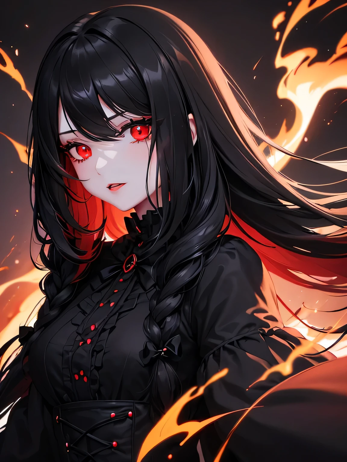 1 girl,Depp's Sense,confused,catch light,Super beautiful illustration,(black color,long hairstyles:1.3),dark dark eyeshadow,bright red lipstick,Gothic ta,;d,beautiful and delicate hair,delicate and detailed red eyes,red light effect,Burning flame