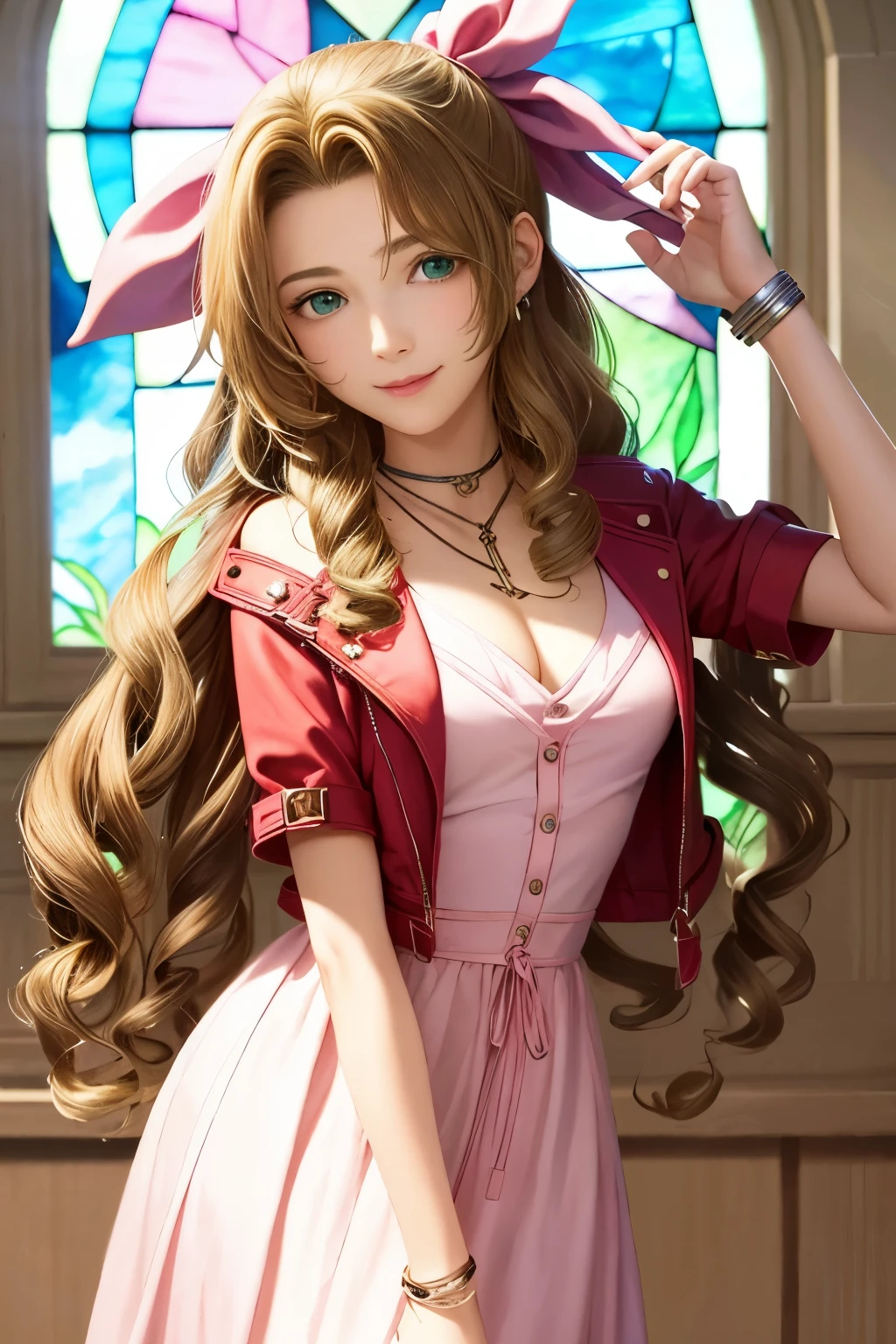 masterpiece, best quality, aerith gainsborough, choker, cropped jacket, hair bow, bracelet, pink dress, looking at viewer, leaning forward, smile, closed mouth, indoors, stained glass window