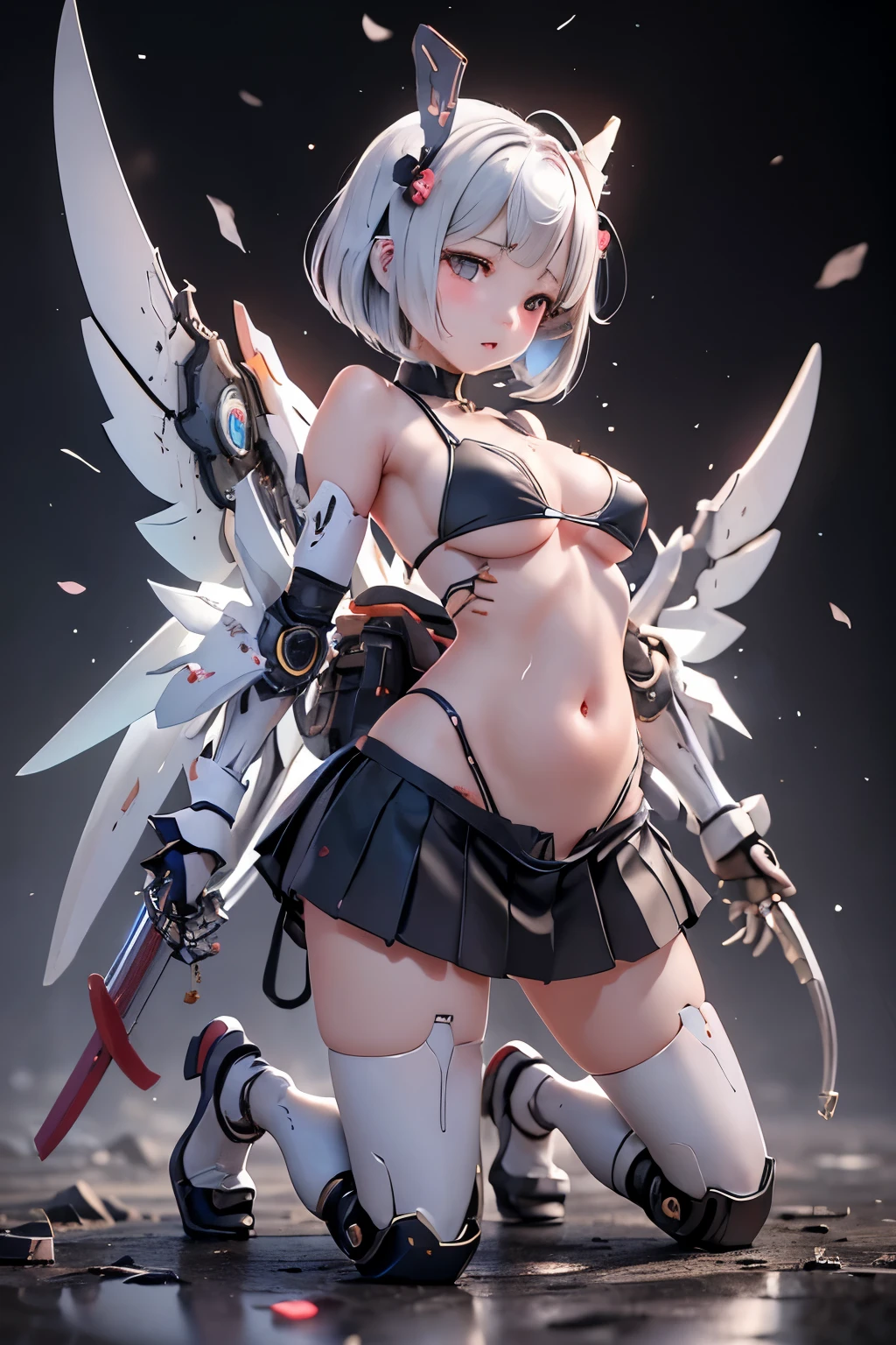 {(japanese young girl)}, (She is fused with futuristic Gundam mecha:1.1), white theme, with headgear, with v-fin , ((unarmored cleavage)), ((unarmored stomach)), ((unarmored upper arms)), ((unarmored face)), (unarmored hands), (unarmored waist), ((unarmored thighs)), (unarmored ankles), japanese girl wear white micro bikini, crawl on all fours:1.2, full body:1.5, ,destroyed city background, multilayer textureperfect proportions, octane rendering, duotone lighting, Low ISO, wide aperture, White balance, Rule of thirds, ultra HD16k, HDR (High Dynamic Range), Ray Tracing, NVIDIA RTX, Super Resolution, Subsurface Scattering, PBR Texturing, Post Processing, Anisotropic Filtering, Depth of Field, Maximum Clarity and Clarity, High efficiency subpixel, subpixel convolution, particles of light, light scattered, Tyndall effect, full body:1.5, doggy style, cute, (cute:1.2), (bob cut:1.3),三つ編み, 黒髪, 太い眉毛, 薄い色の虹彩, 大きくて輝いている黒い瞳, 長いまつげ, 小さく薄い色の自然な唇, (Average face of Japanese idols), (日本人特有の童顔:1.3), (), 広いおでこ:1.2, ふっくらした頬, 小さな顎, visible side boob, (mechanical wings), holding weapon,holding huge weapon, holding Very large shield, , asymmetric body,looking at viewer,Focus on the eyes,with sleek and menacing design, (完璧な4本の指, 親指1本),