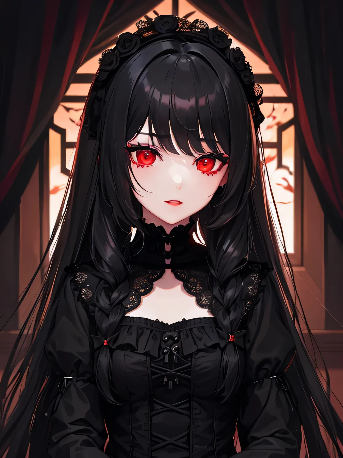 1 girl,Depp's Sense,confused,catch light,Super beautiful illustration,(black color,long hairstyles:1.3),dark dark eyeshadow,bright red lipstick,Gothic Lolita,;d,beautiful and delicate hair,delicate and detailed red eyes,red light effect,Burning flame
