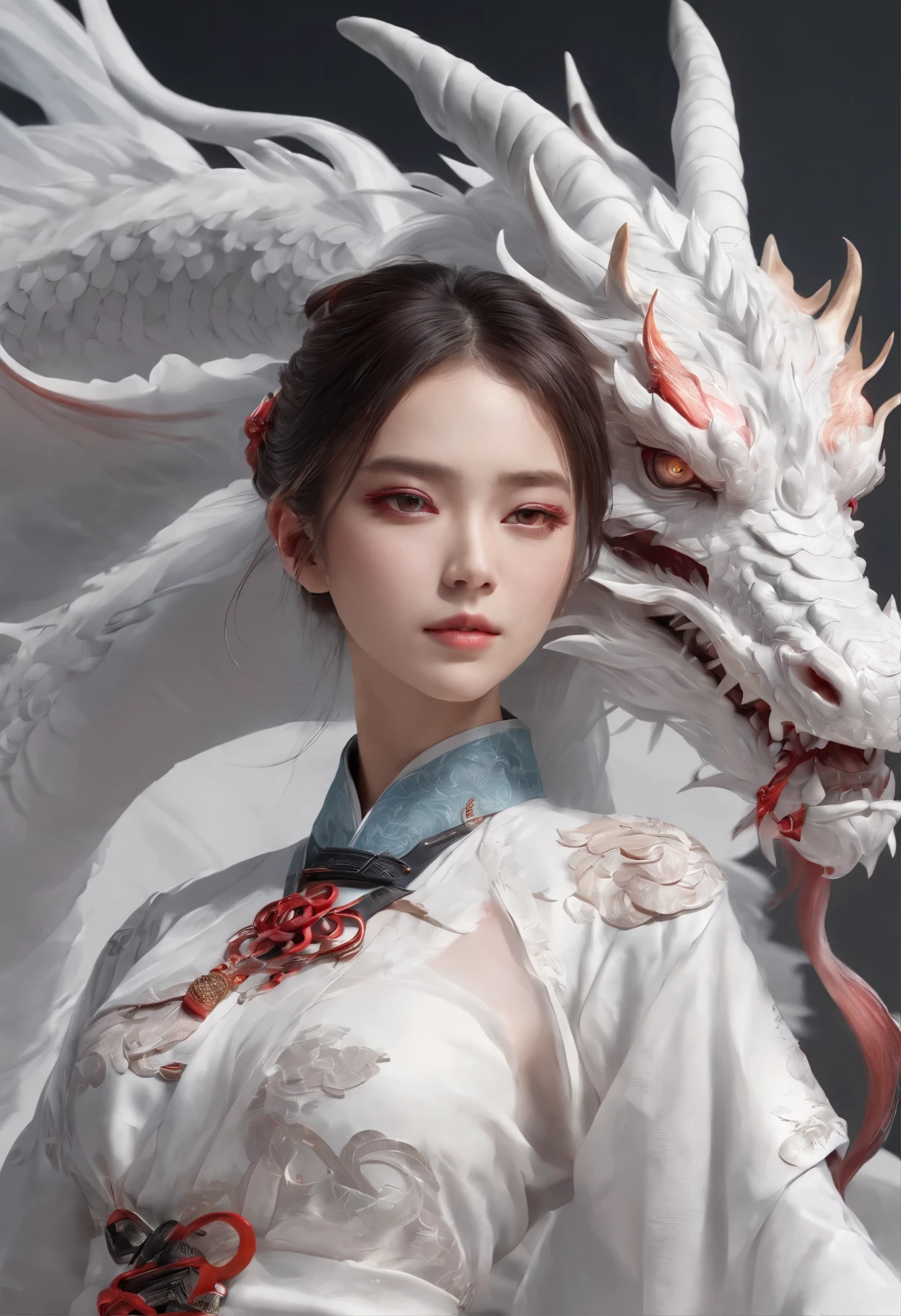 Luna Freya Knox Frey,High-tech dragon knight mech,mechanically aesthetic,Virtual Engine 5,rendering by octane,hyper HD,动态照明,art stations,poster for,Volumetriclighting,Very detailed faces,4k wallpapers,He has a delicate and beautiful face,long hair flowing,horse tailed,Fringed Hair Ornament,Dynamic perspective,White Hanfu,White gauze flying,red waistband,Sexy,Tradition Chinese Ink Painting,Surrounded by clouds,cherry blossom,fog atmosphere,Ride a white dragon,White dragon horn,dynamic viewing angle,电影灯光