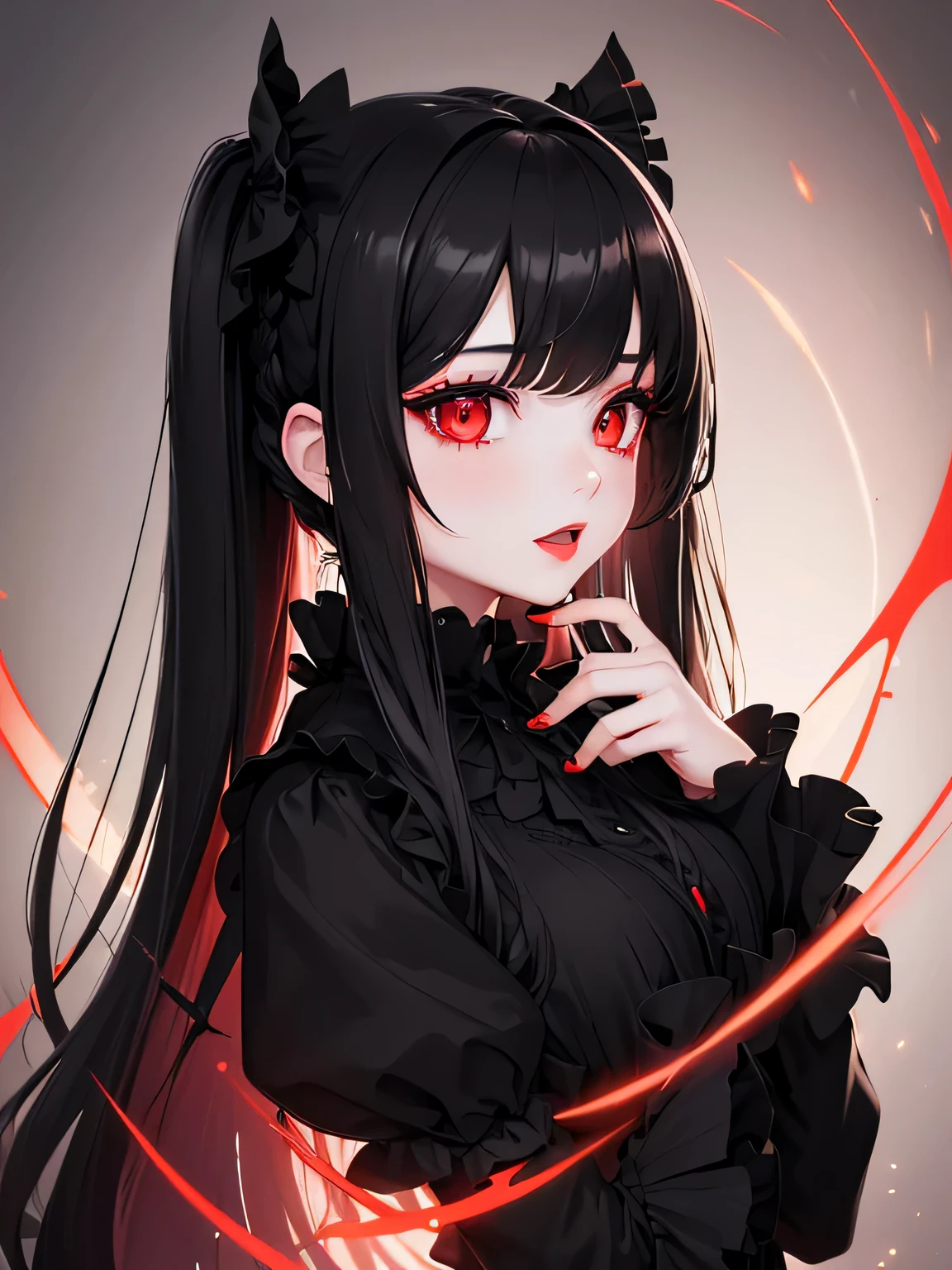 1 girl,Depp's Sense,confused,catch light,Super beautiful illustration,(black color,long hairstyles:1.3),dark dark eyeshadow,bright red lipstick,Gothic ta,;d,beautiful and delicate hair,delicate and detailed red eyes,red light effect,Burning flame