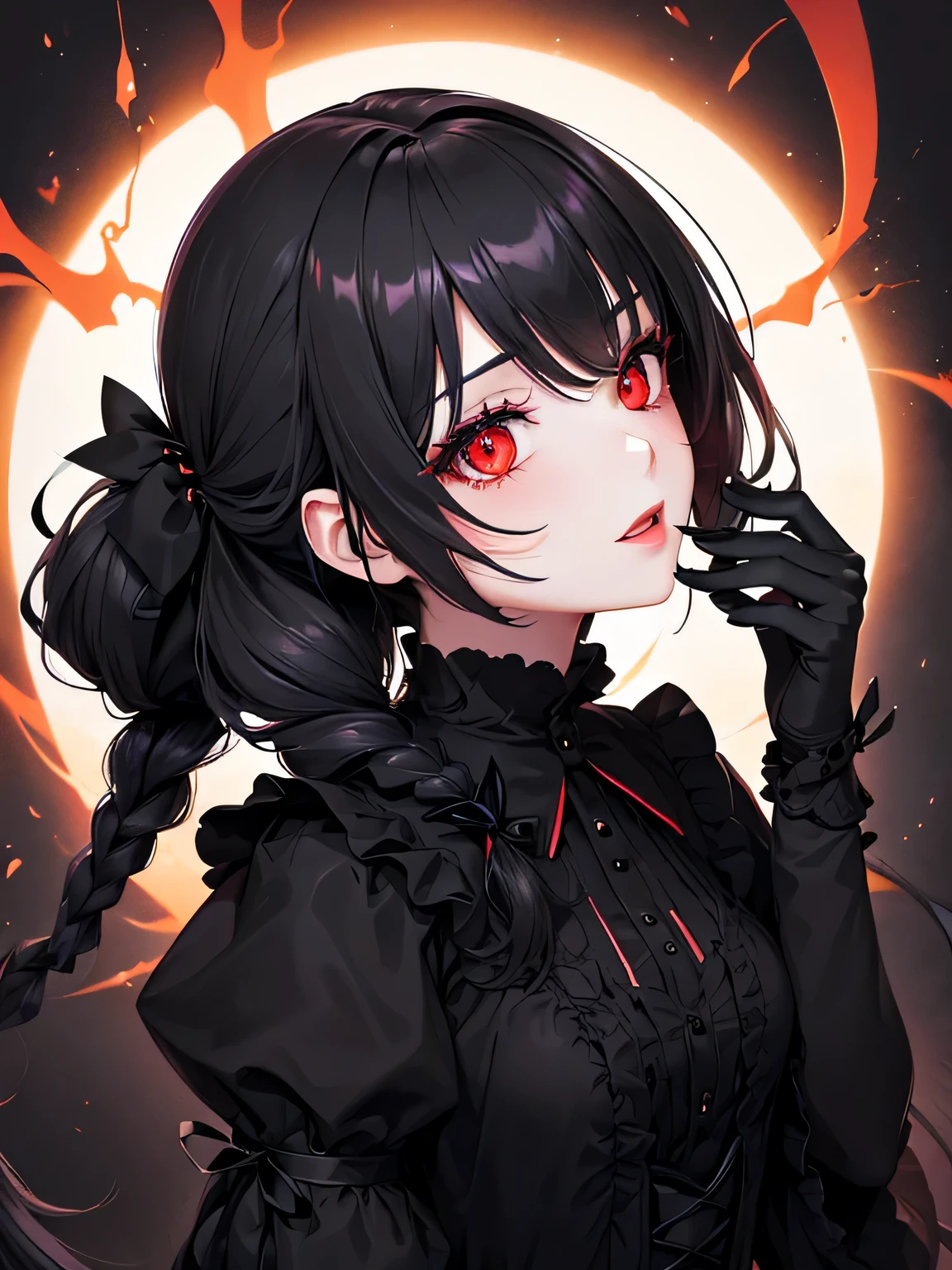 1 girl,Depp's Sense,confused,catch light,Super beautiful illustration,(black color,long hairstyles:1.3),dark dark eyeshadow,bright red lipstick,Gothic ta,;d,beautiful and delicate hair,delicate and detailed red eyes,red light effect,Burning flame