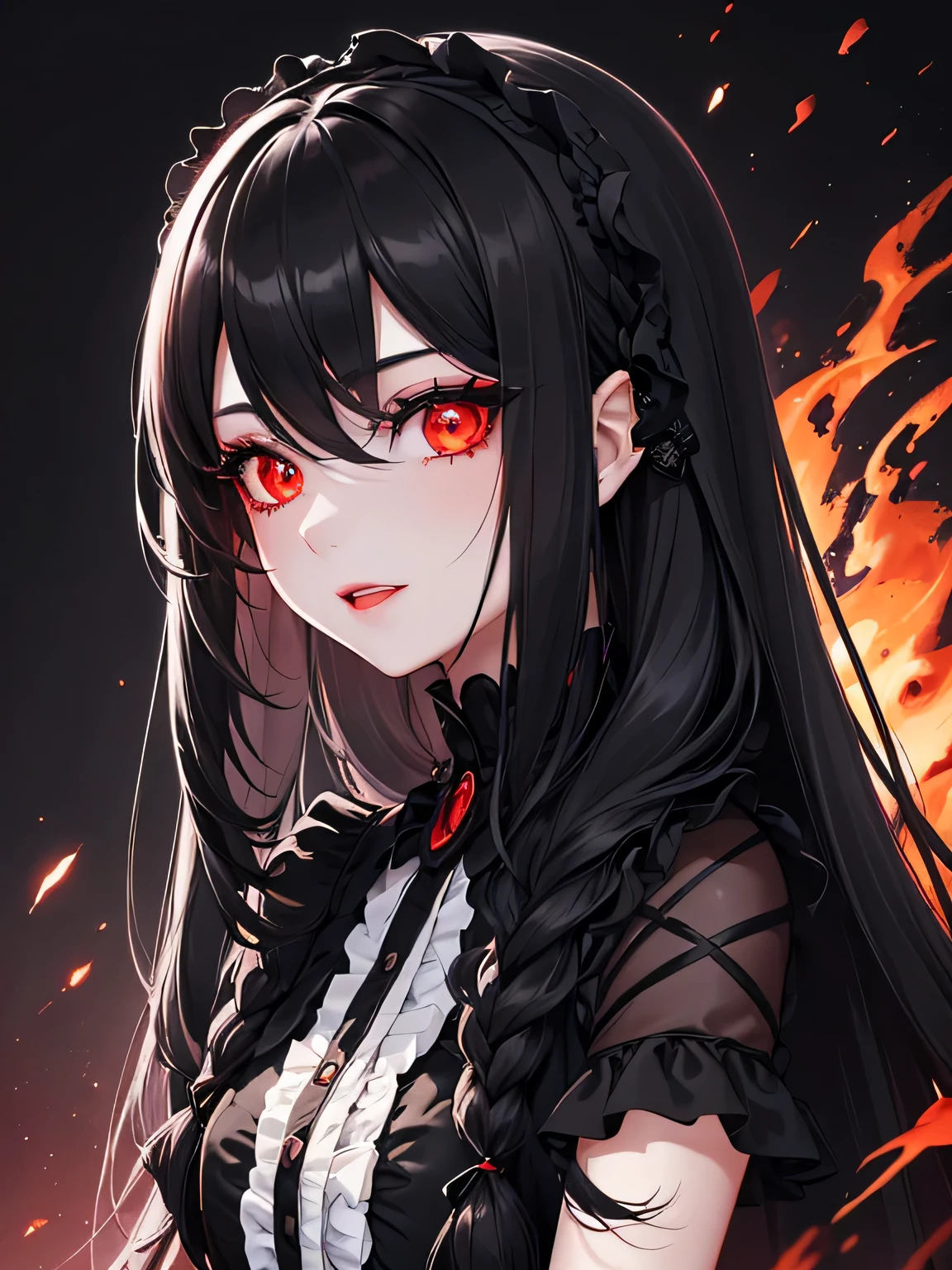 1 girl,Depp's Sense,confused,catch light,Super beautiful illustration,(black color,long hairstyles:1.3),dark dark eyeshadow,bright red lipstick,Gothic Lolita,;d,beautiful and delicate hair,delicate and detailed red eyes,red light effect,Burning flame