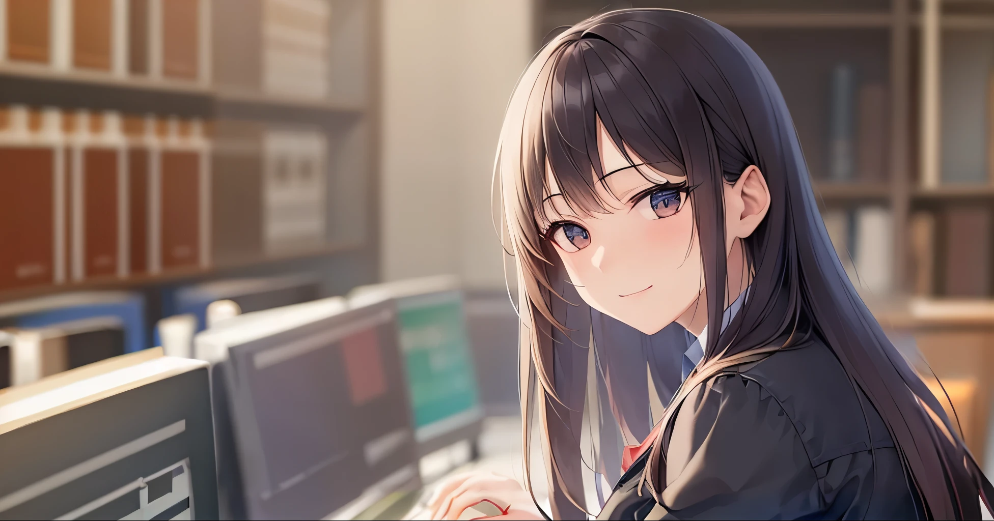 The background is an office、computer、wall