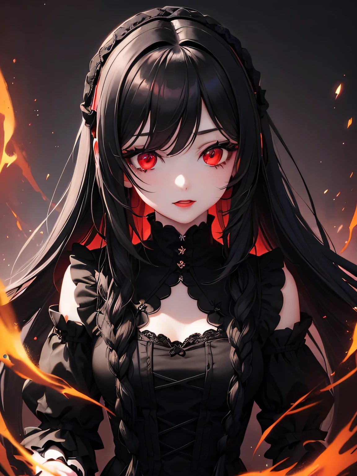 1 girl,Depp's Sense,confused,catch light,Super beautiful illustration,(black color,long hairstyles:1.3),dark dark eyeshadow,bright red lipstick,Gothic ta,;d,beautiful and delicate hair,delicate and detailed red eyes,red light effect,Burning flame