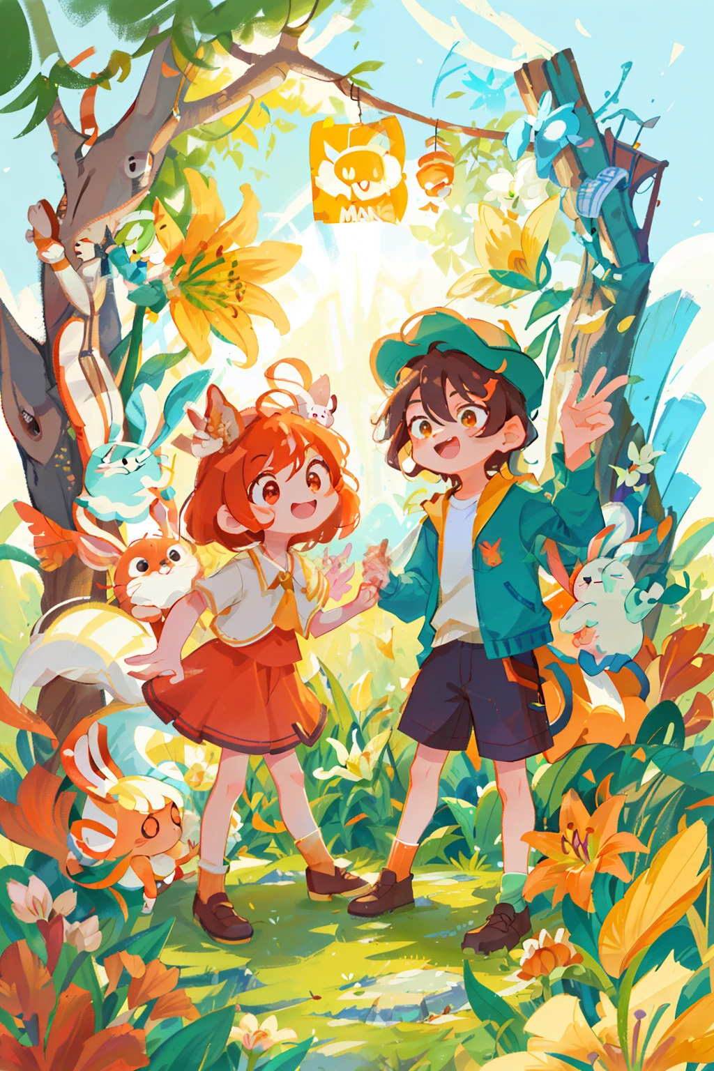 Meet Timmy, a squirrel with a playful expression, and Lily, a rabbit with rosy cheeks, as they embark on an extraordinary adventure in their normal garden. Surrounded by a riot of vibrant flowers, Timmy and Lily engage in delightful conversations with talking animals, transforming the ordinary into something magical. Witness the enchanting moments of friendship and joy unfold in this detailed and colorful illustration. (Highly saturated, warm colors such as red, orange, and yellow are used to enhance the garden's vibrancy, while cooler tones like blue and green add freshness to the scene.)