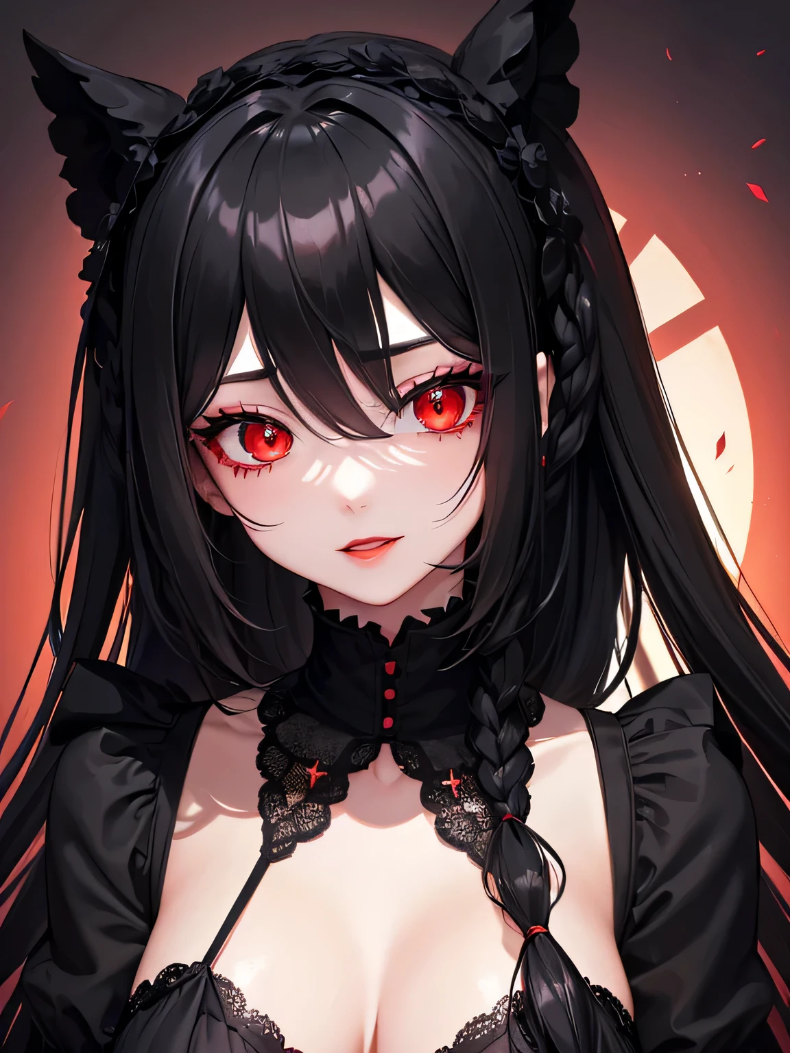 1 girl,Depp's Sense,confused,catch light,Super beautiful illustration,(black color,long hairstyles:1.3),dark dark eyeshadow,bright red lipstick,Gothic Lolita,;d,beautiful and delicate hair,delicate and detailed red eyes,red light effect,Burning flame