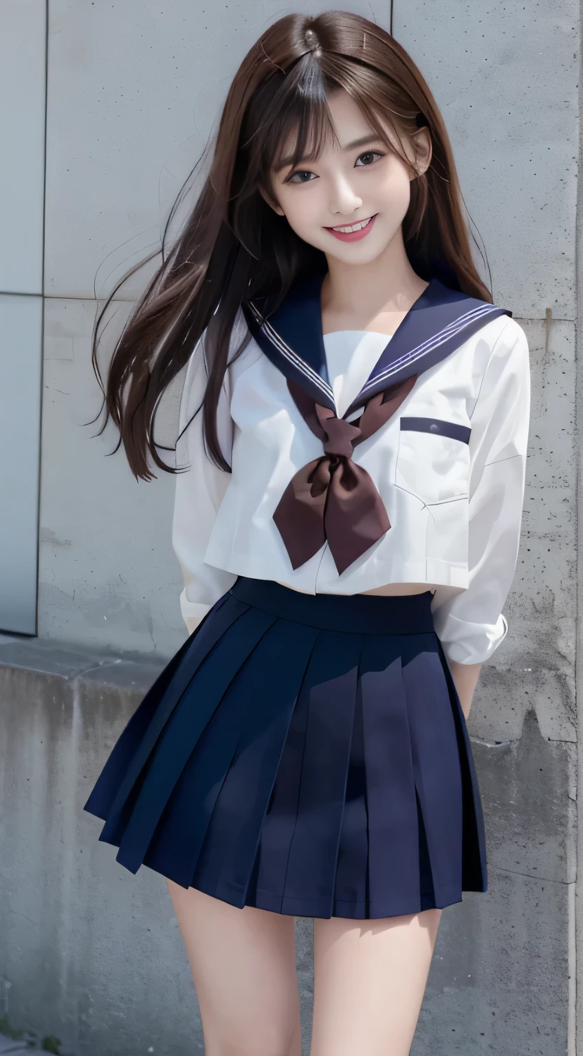 (15 year old girl), (medium breasts), (Japan Schoolgirls), (white teeth), (smile:1.2), (laughter:1.2), (brown hair:1.4), (bright hair), dull bangs, hair behind the ear, shoulder hair, (black eye), (Big eyes:1.2), (long hair), ( slender body shape), delicate lips, (beautiful eyes), light blush, brown eyes, (shiny skin, perfect skin :1.3), (sailor suit:1.3, Flared skirt in navy blue)