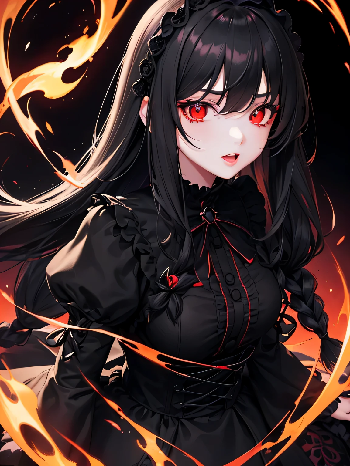 1 girl,Depp's Sense,confused,catch light,Super beautiful illustration,(black color,long hairstyles:1.3),dark dark eyeshadow,bright red lipstick,Gothic Lolita,;d,beautiful and delicate hair,delicate and detailed red eyes,red light effect,Burning flame