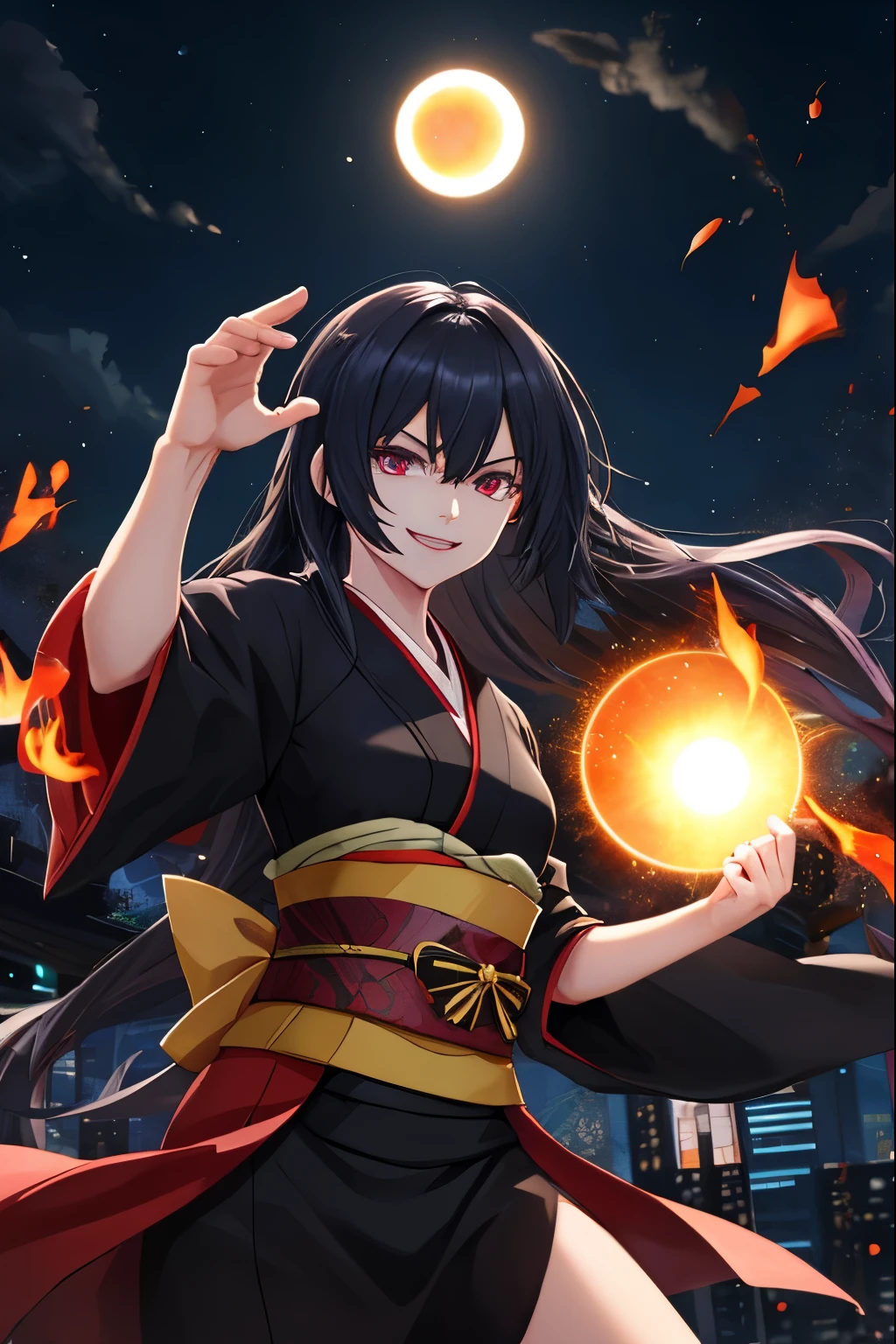 Girl, black messy long hair, eclipse iris, evil smile, mucle body, black kimono clothes, red details, hd, night city destroyed, energy in punch, fight pose