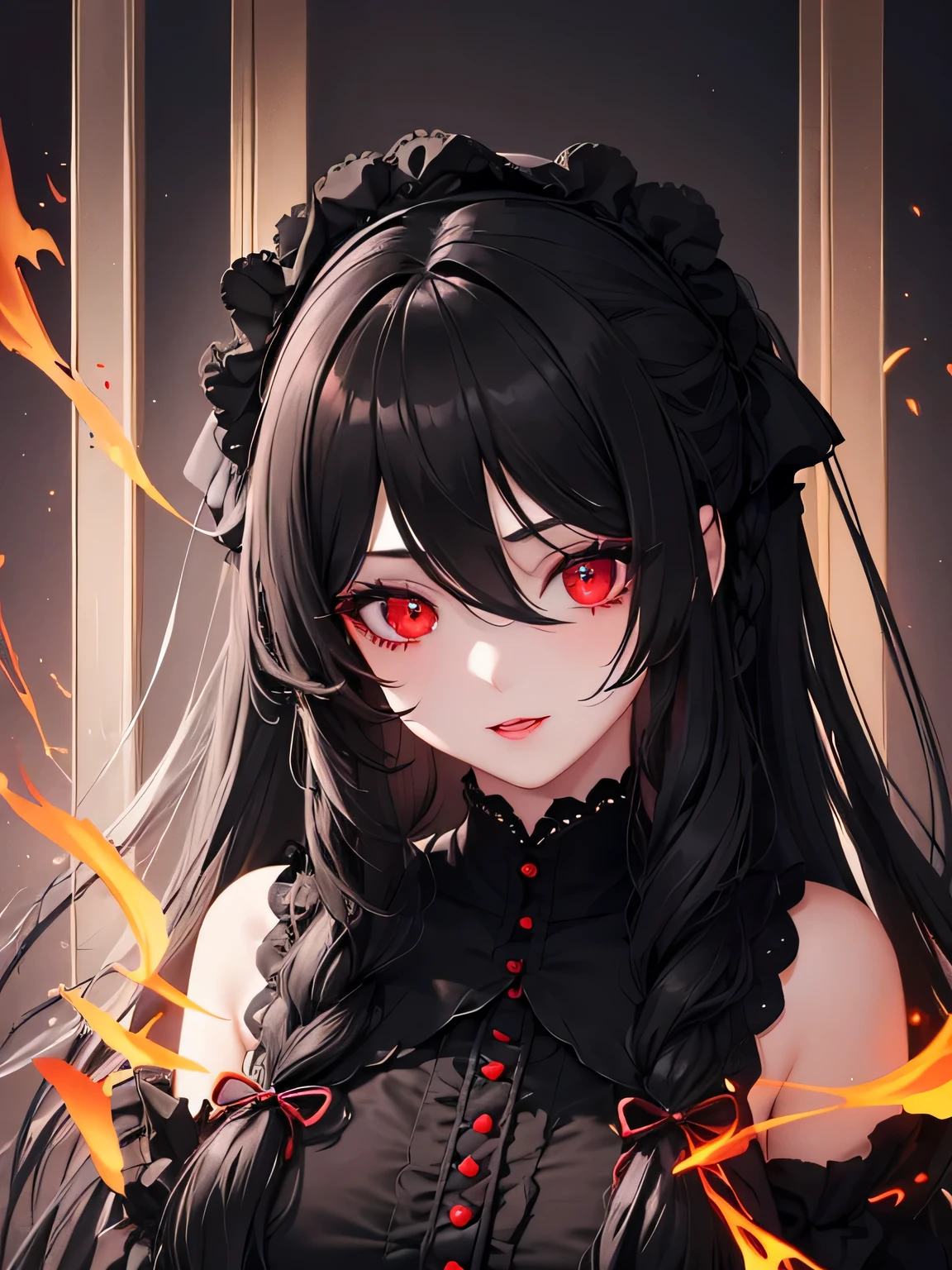 1 girl,Depp's Sense,confused,catch light,Super beautiful illustration,(black color,long hairstyles:1.3),dark dark eyeshadow,bright red lipstick,Gothic Lolita,;d,beautiful and delicate hair,delicate and detailed red eyes,red light effect,Burning flame